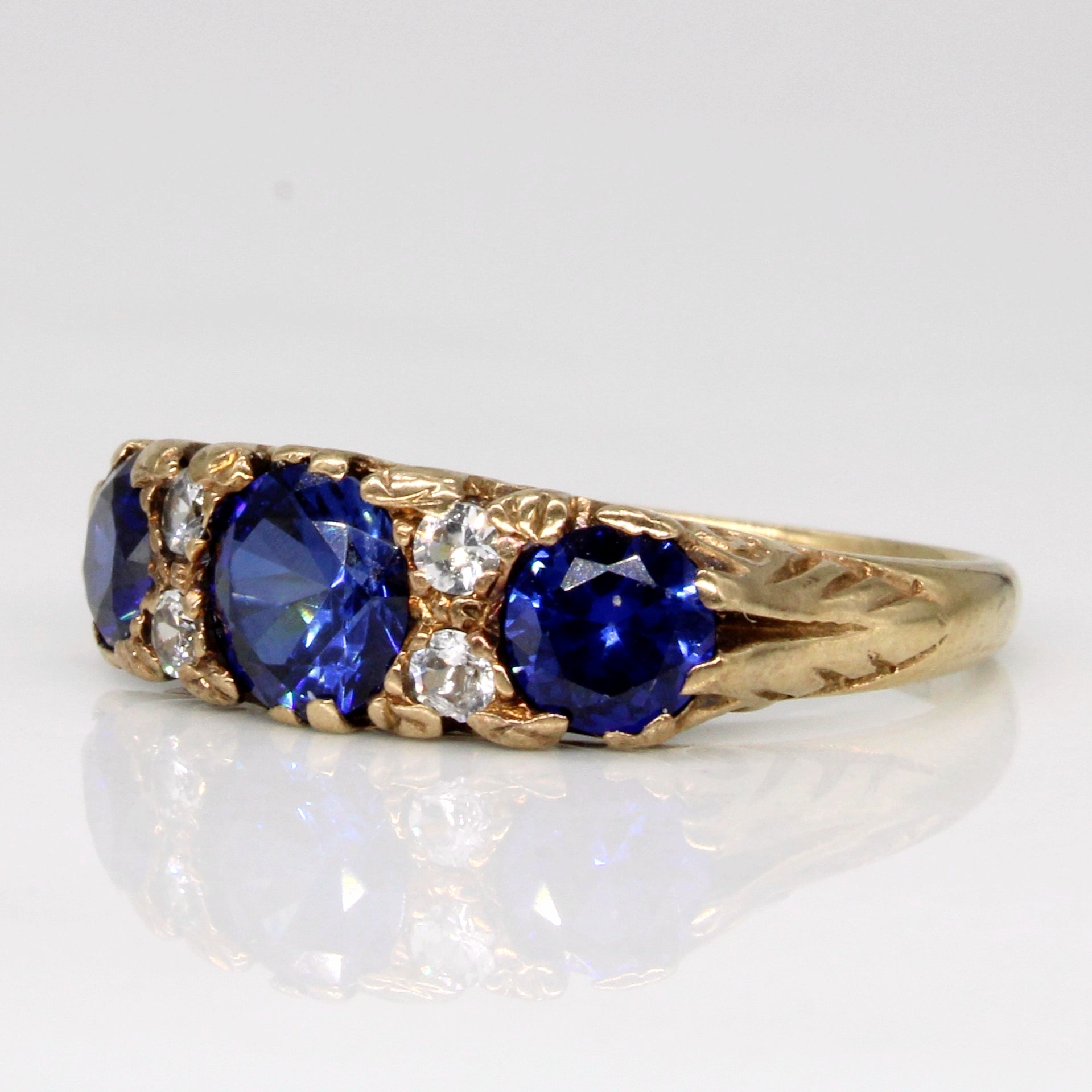 Vintage 9k Synthetic Sapphire & Colourless Topaz Ring | 1.75ctw, 0.12ctw | SZ 6.5 |