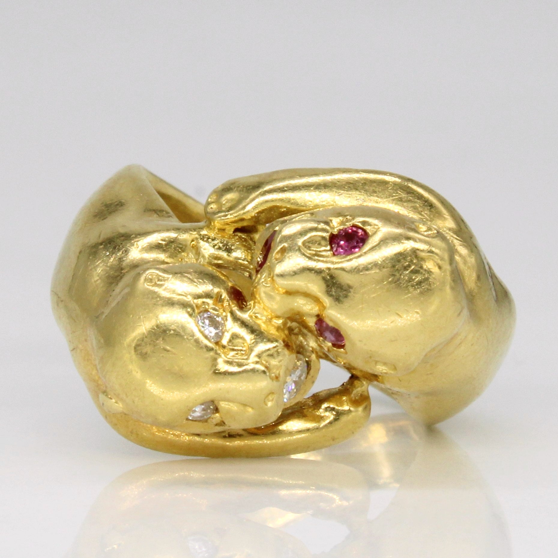 French Owl Hallmarked Vintage Ruby & Diamond Panther Ring | 0.08ctw, 0.07ctw | SZ 6 |