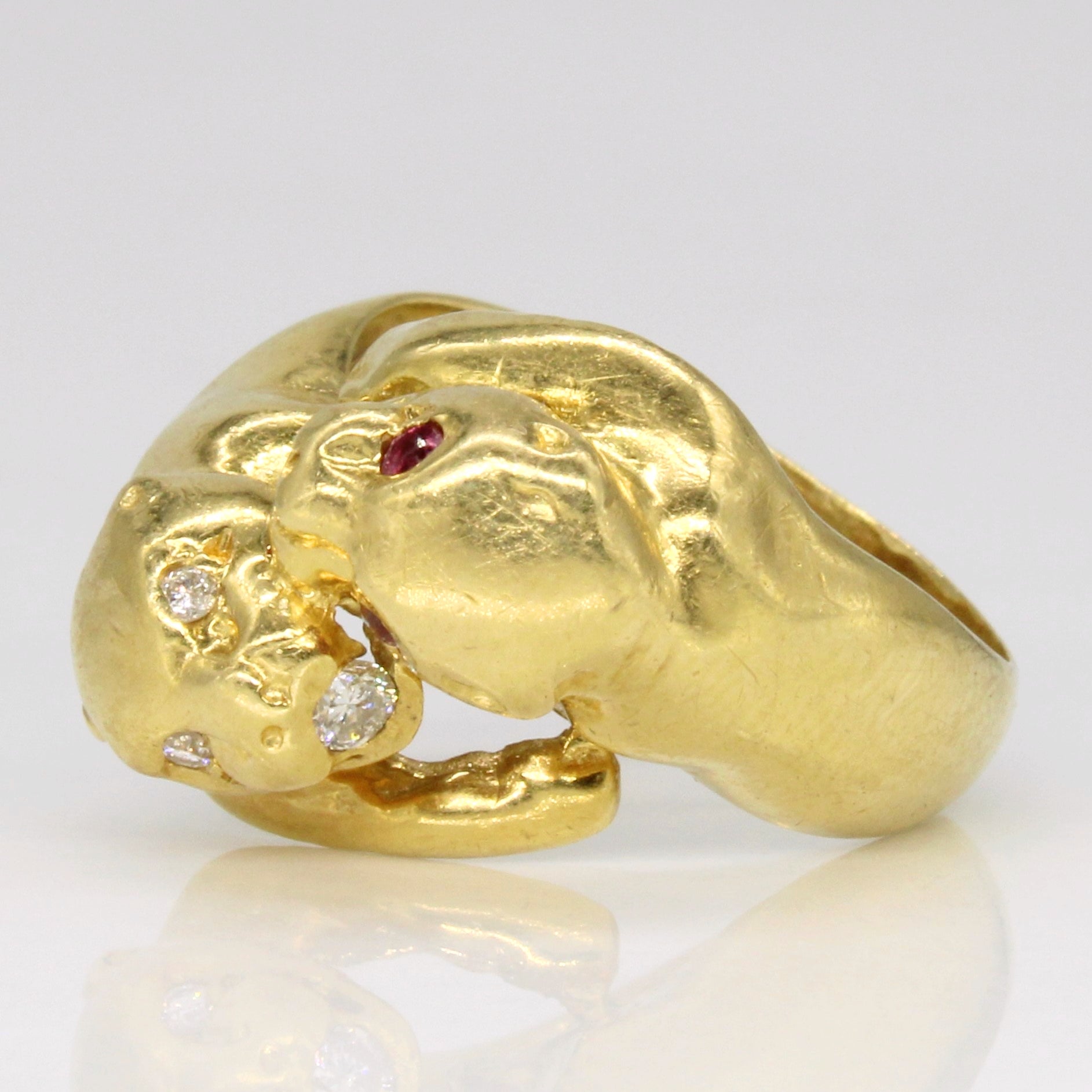 French Owl Hallmarked Vintage Ruby & Diamond Panther Ring | 0.08ctw, 0.07ctw | SZ 6 |