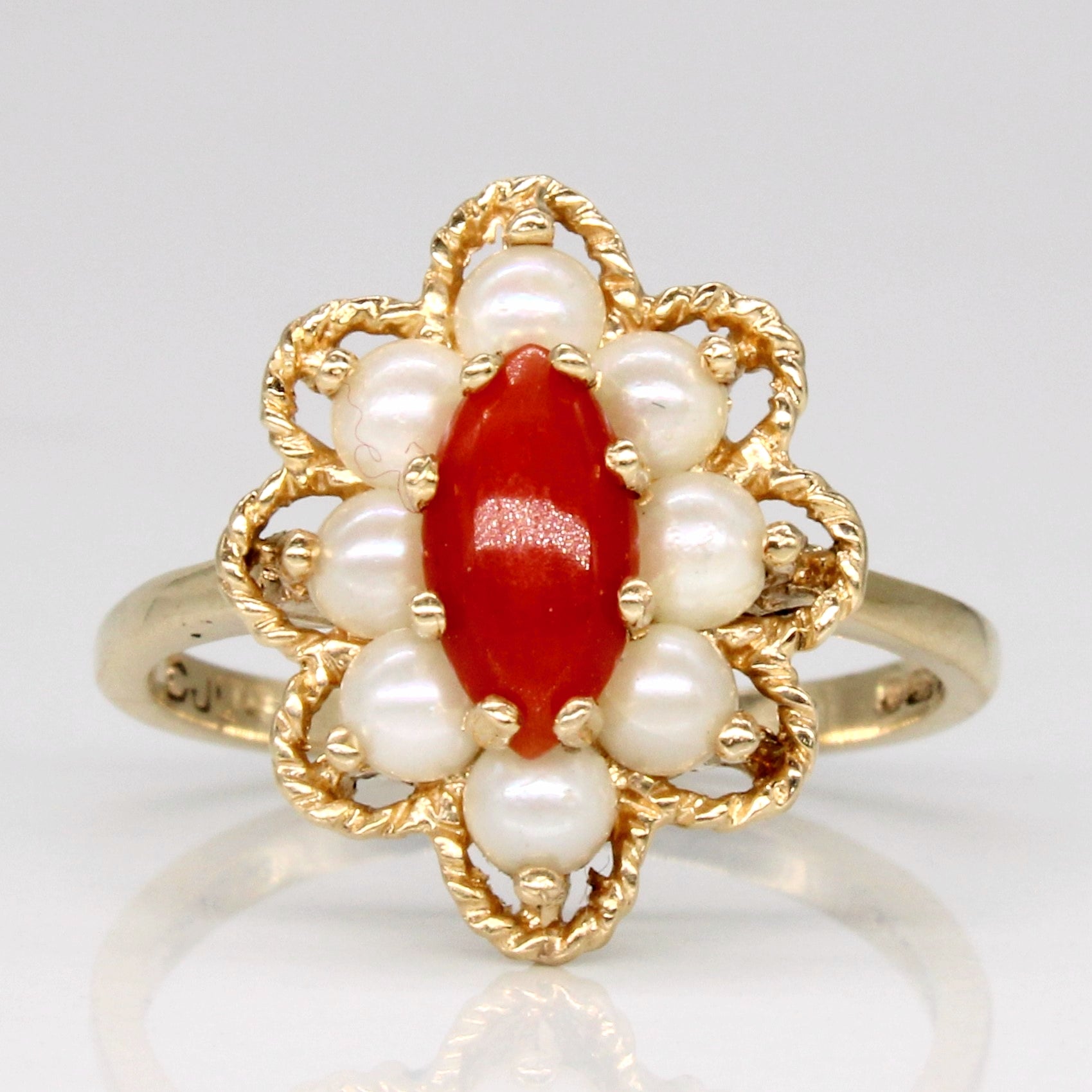 London 1970 Coral & Pearl Cocktail Ring | 0.50ct | SZ 6.5 |