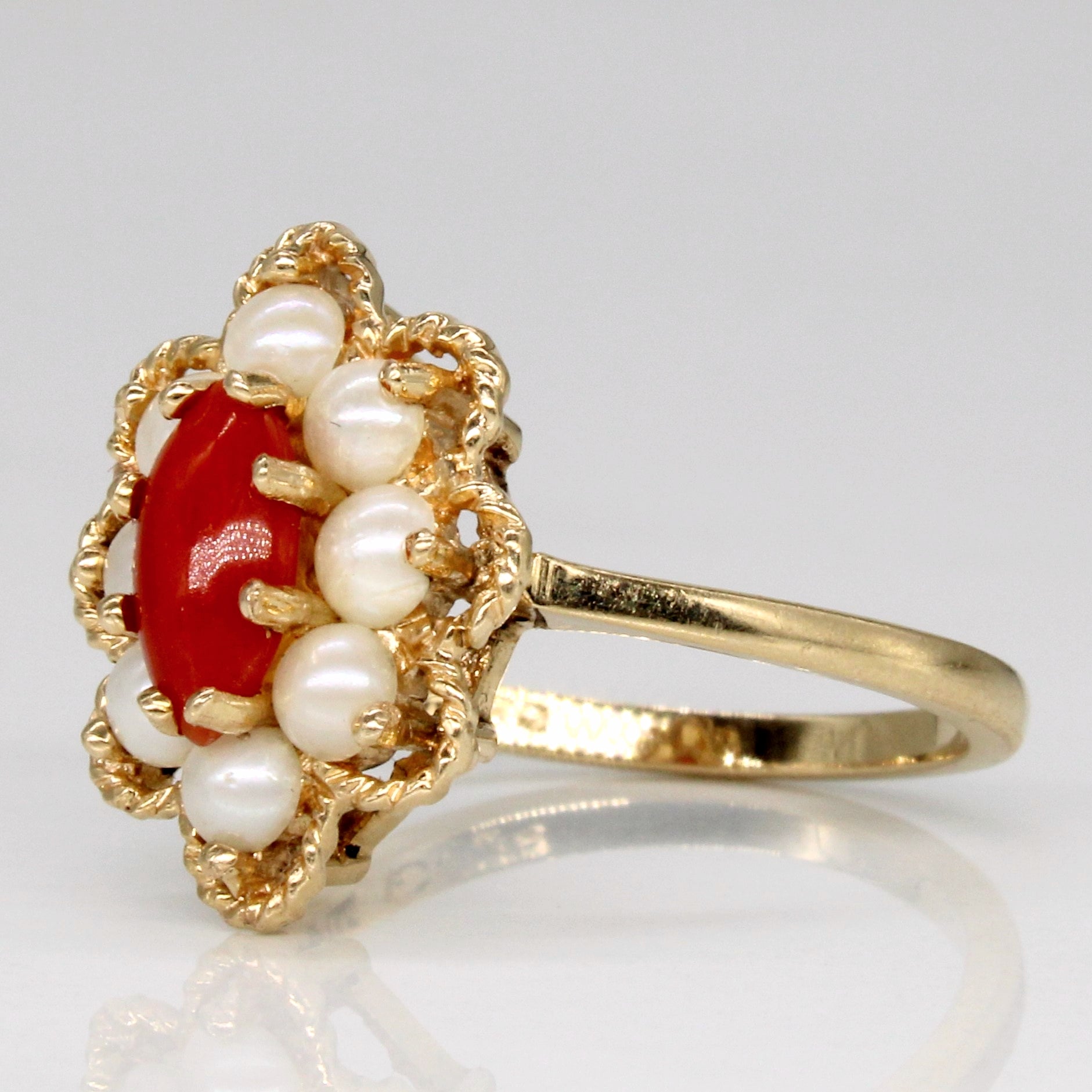 London 1970 Coral & Pearl Cocktail Ring | 0.50ct | SZ 6.5 |
