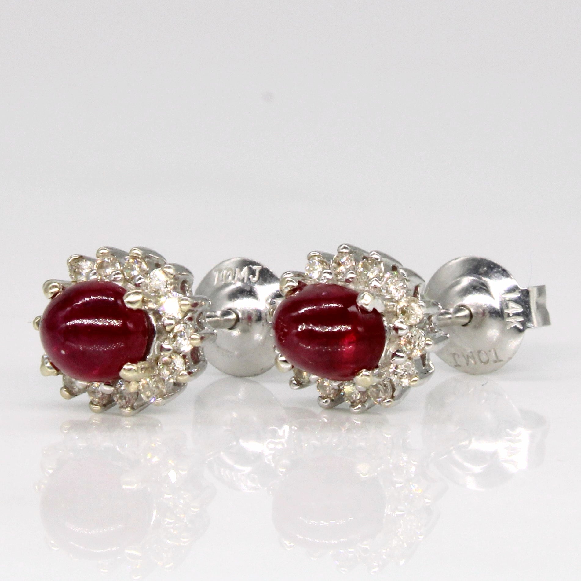 Cabochon Ruby & Diamond Halo Stud Earrings | 1.00ctw, 0.14ctw |