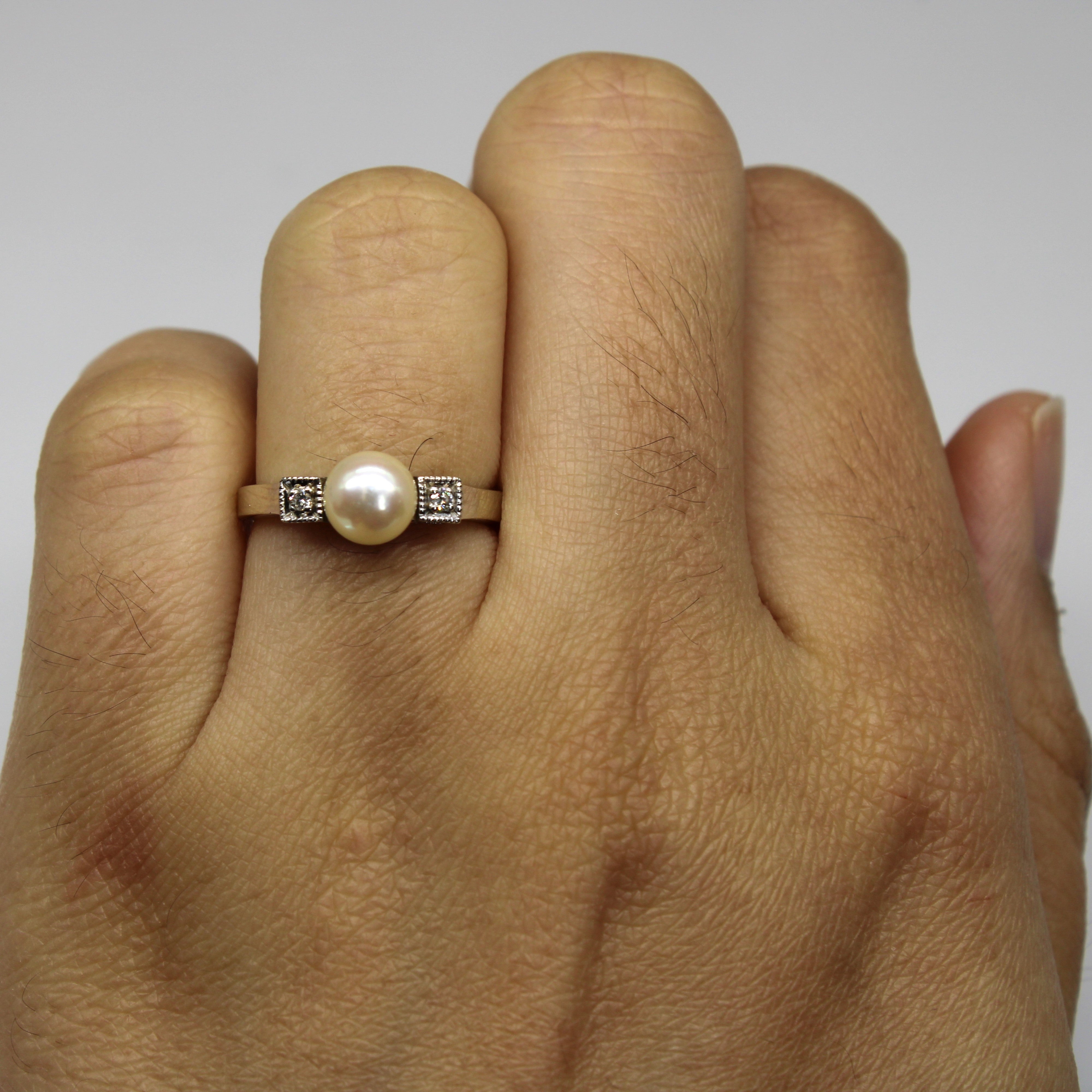 Three Stone Pearl & Diamond Ring | 0.03ctw | SZ 4.75 |