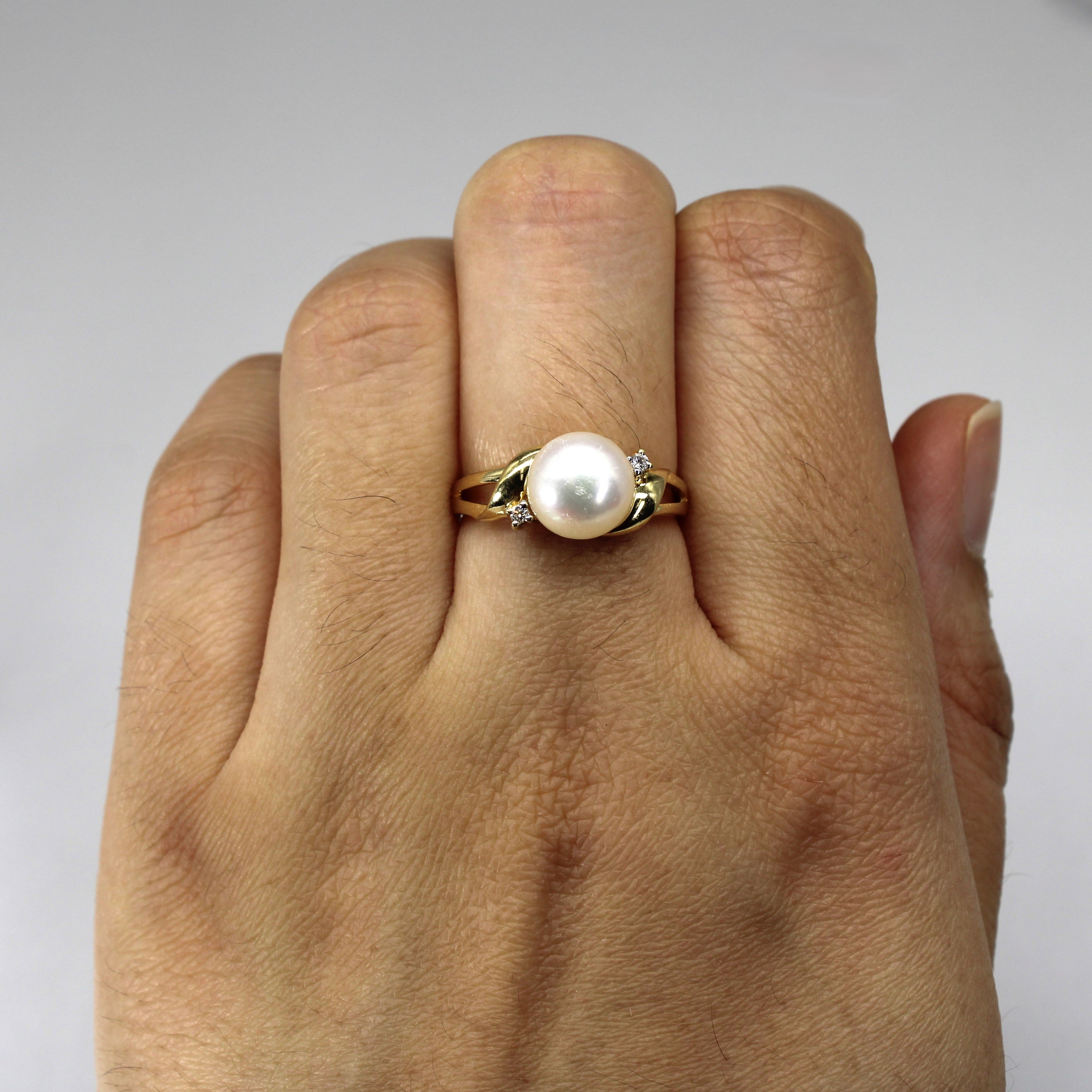 Three Stone Pearl & Diamond Ring | 0.03ctw | SZ 6.75 |