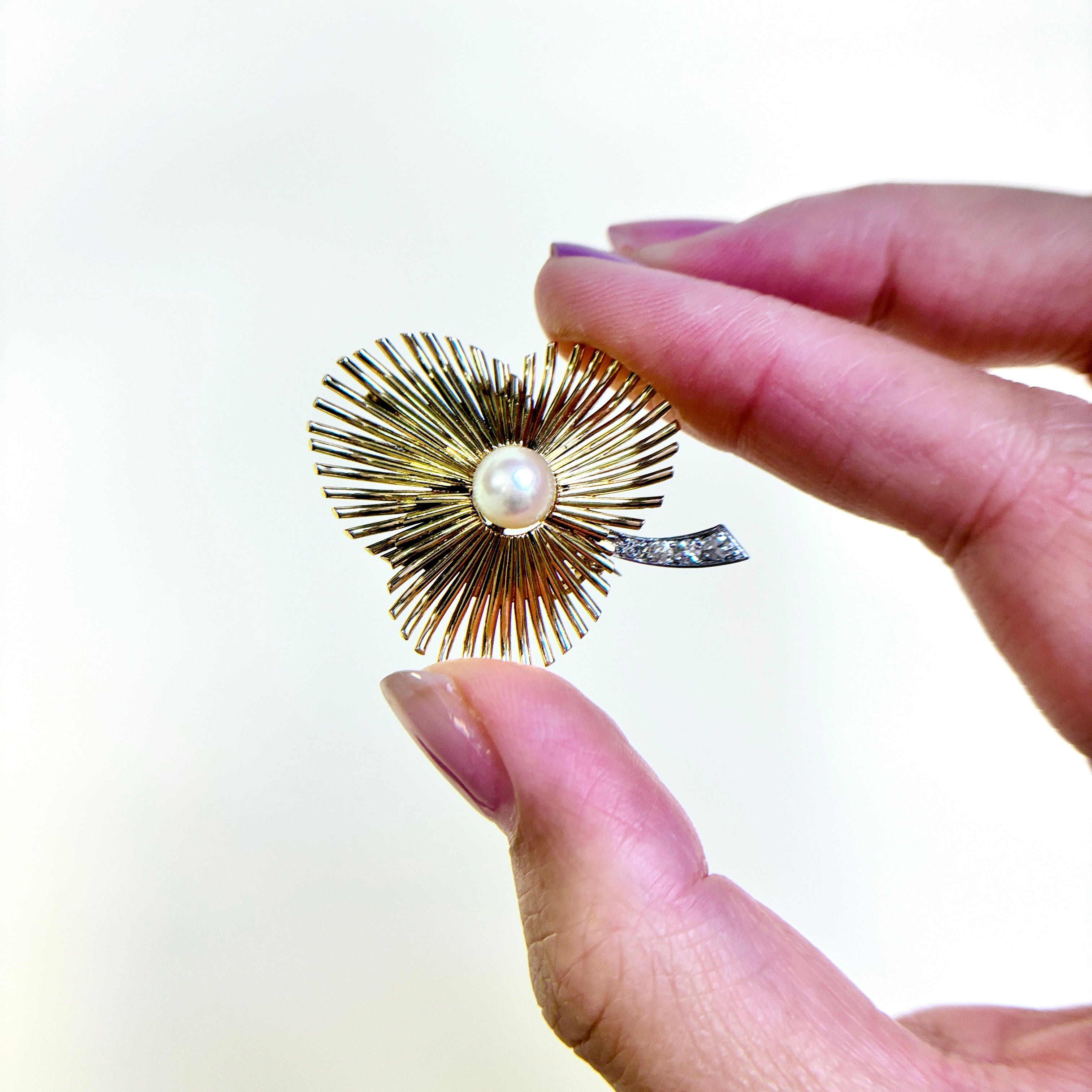 18k Yellow and White Gold Pearl & Diamond Brooch | 7.30mm, 0.12ctw |
