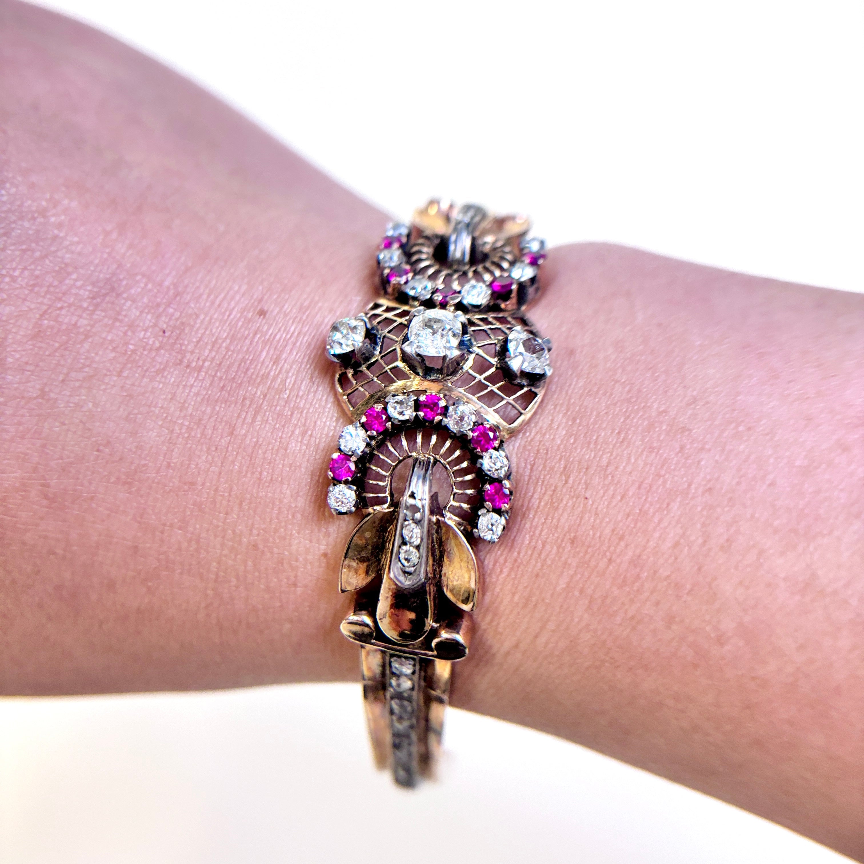 18k Rose & White Gold Ruby and Diamond Art Deco Bracelet | 2.40x1.63mm, 2.80ctw | 7"