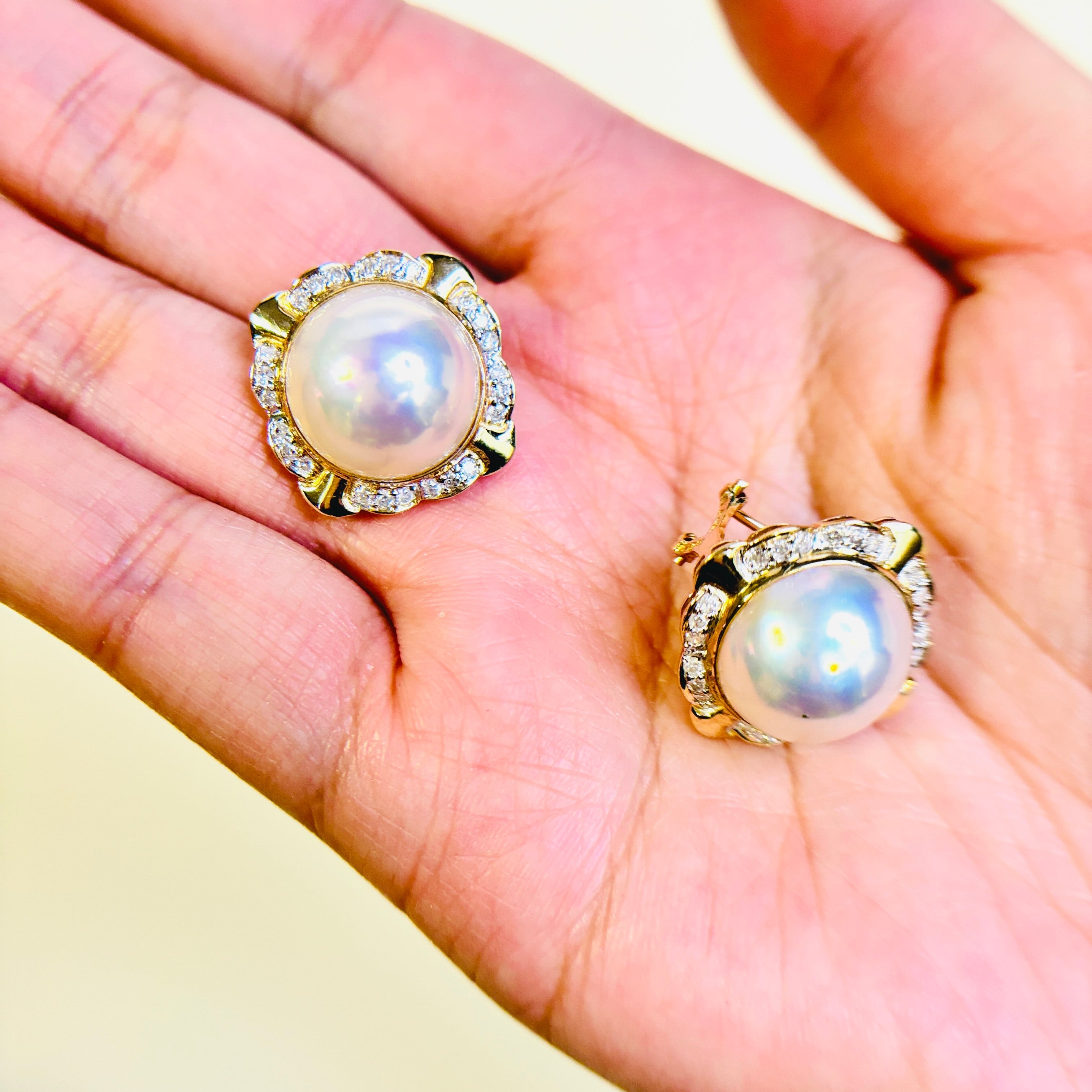 14K Yellow Gold Pearl & Diamond Earrings | 14.00-14.50mm, 0.48ctw
