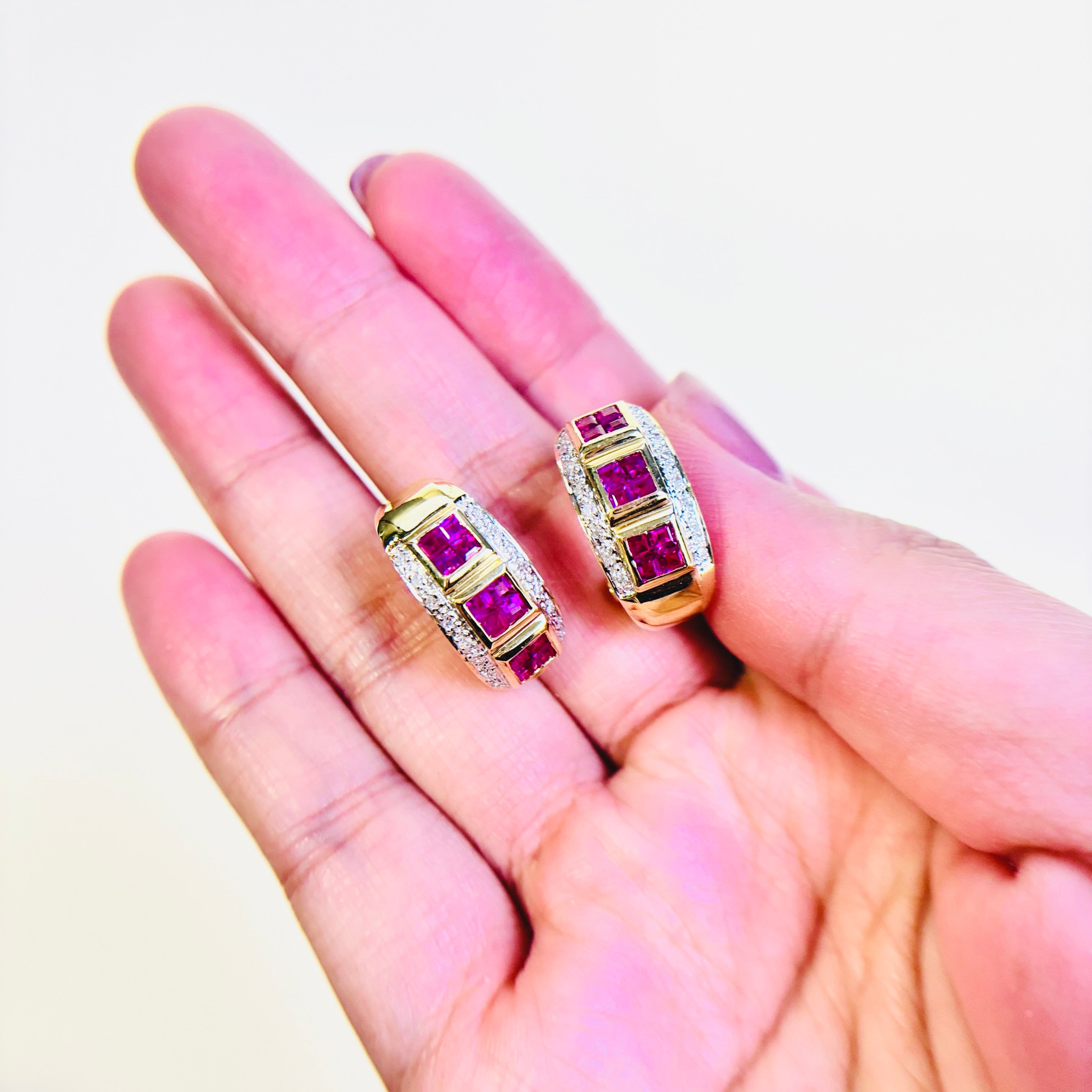 18K Yellow Gold Ruby & Diamond Earrings | 1.50ctw, 0.32ctw