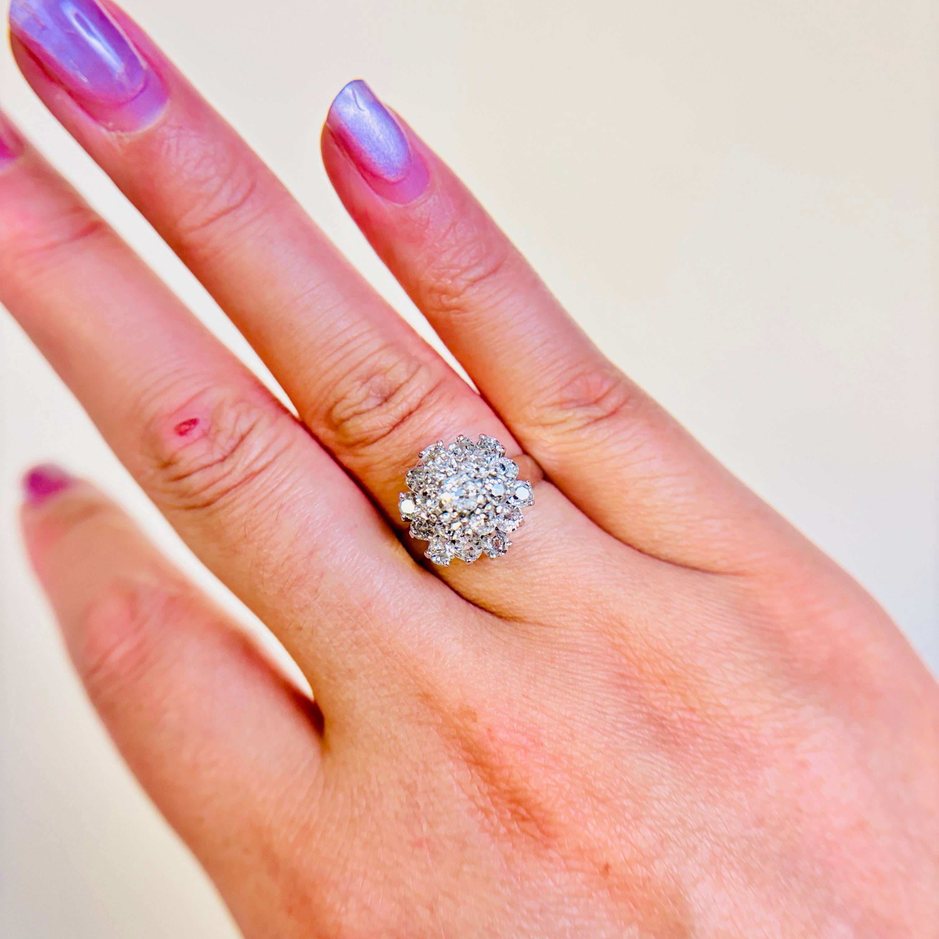 14k White Gold Old European Cut Cluster Diamond Ring | 1.54ctw | SZ 7.25