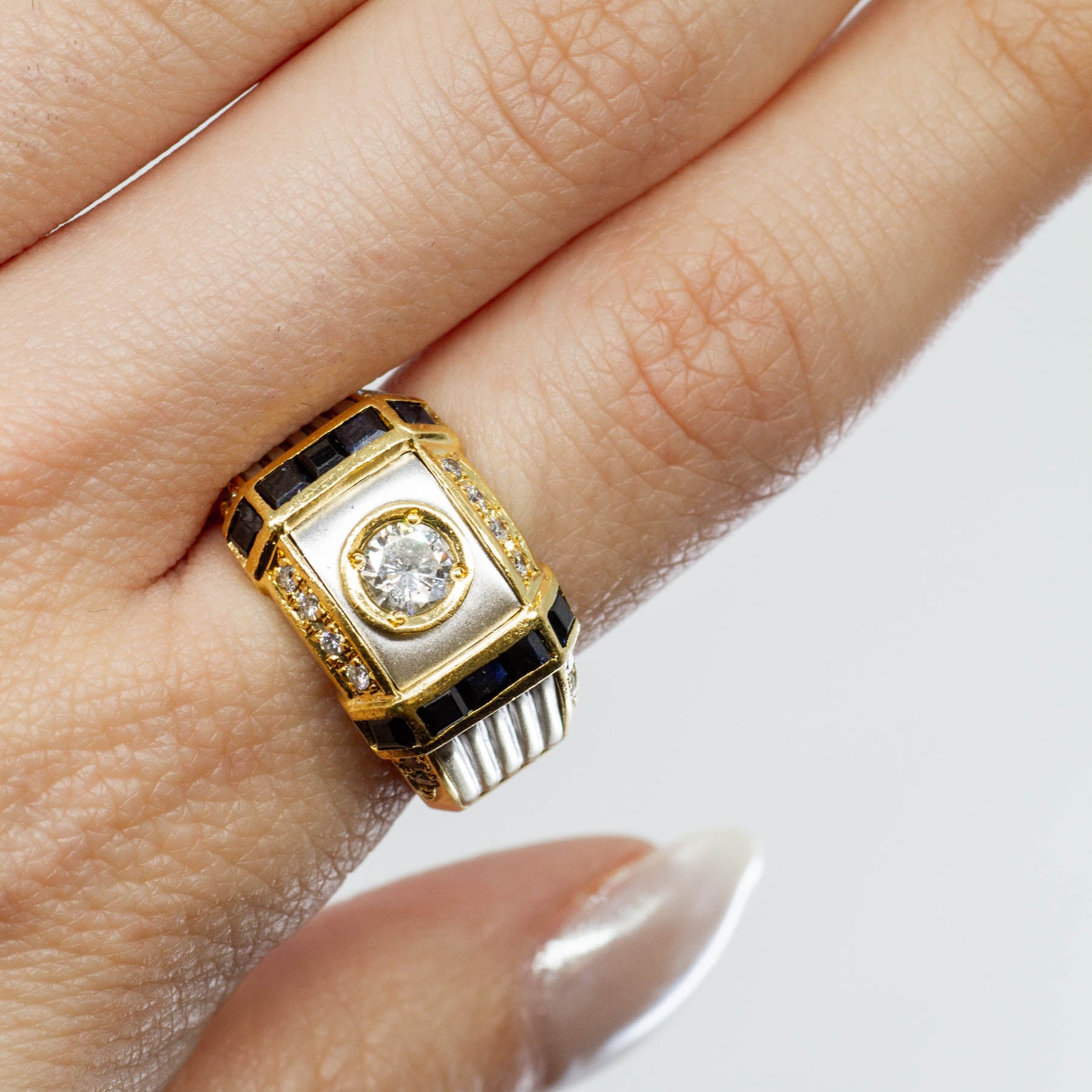 Bezel Set Diamond & Sapphire Two Tone Band | 0.51ctw, 0.70ctw | SZ 8 |
