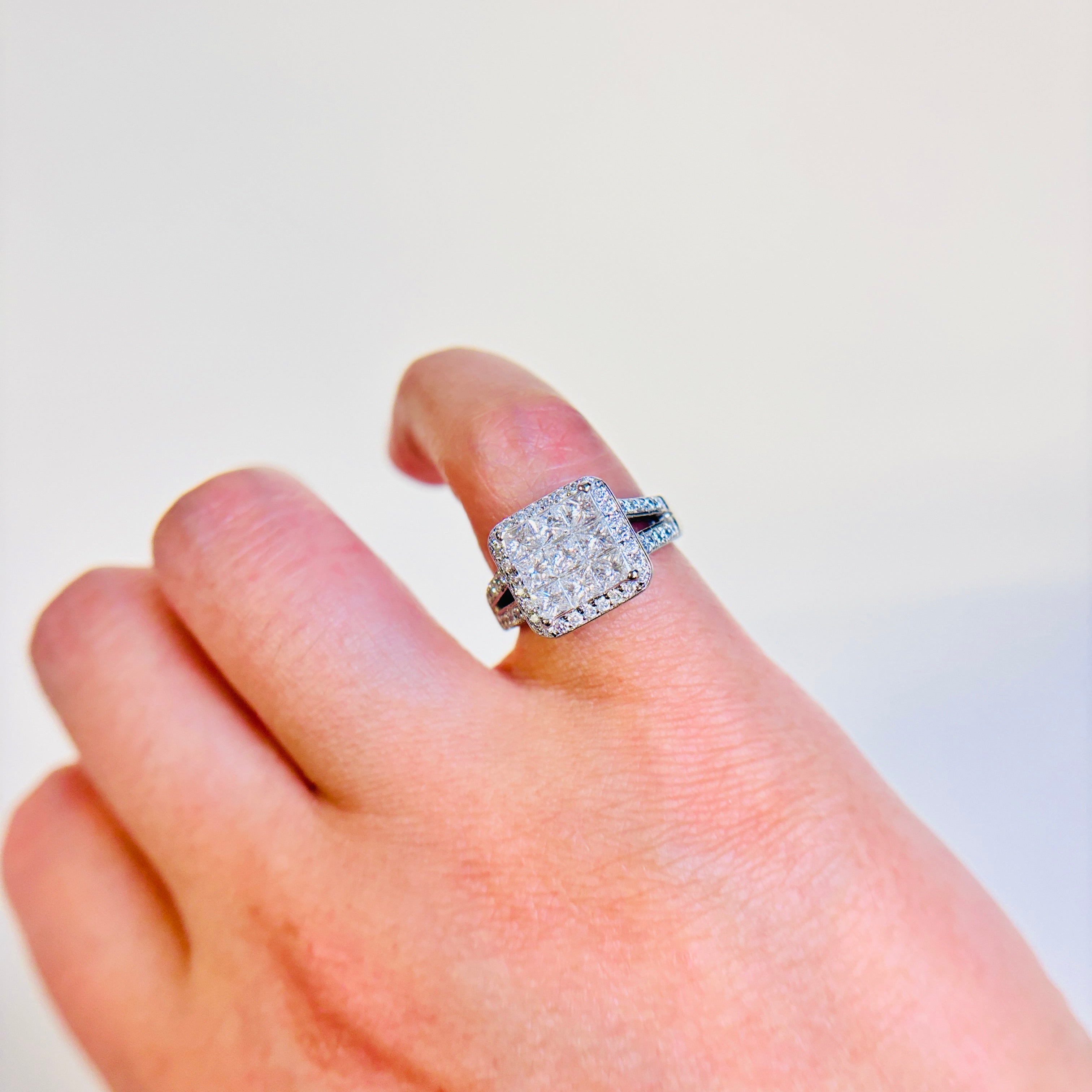 14k White Gold Princess Cut Cluster Diamond Engagement Ring | 1.83ctw | SZ 4.75