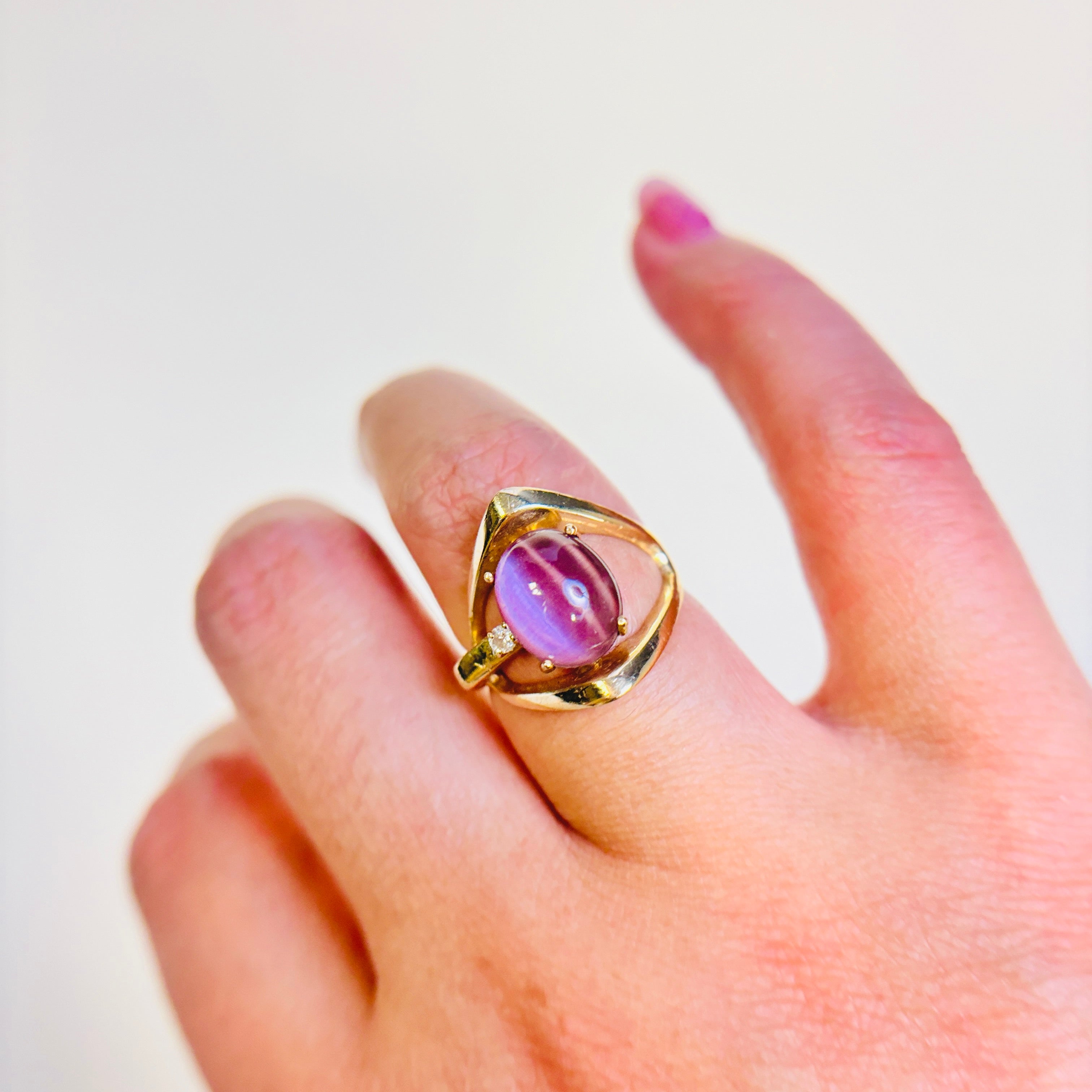 14k Pink Chatoyant Quartz Doublet and Diamond Ring | 2.00ct, 0.025ct | SZ 5 |