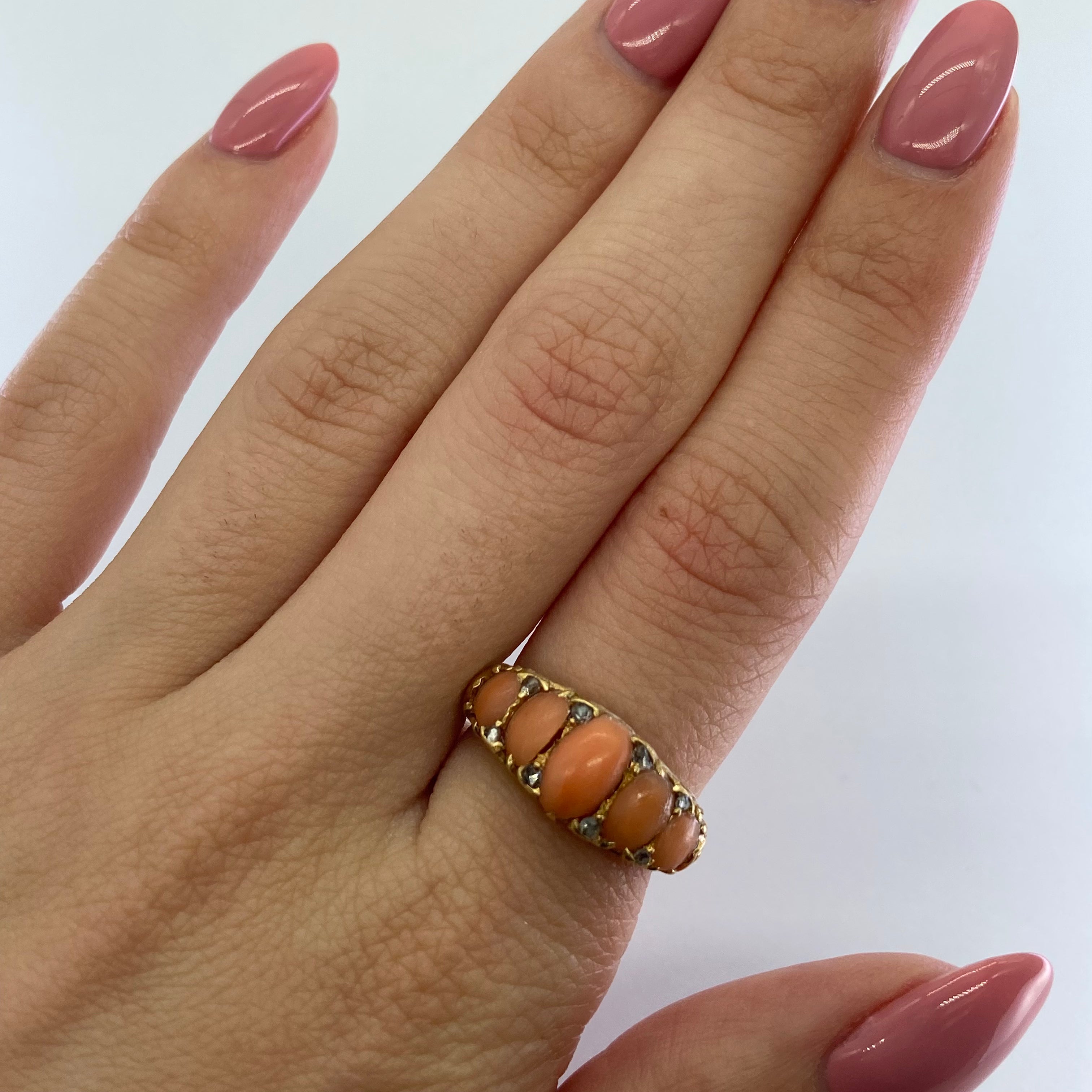Victorian Coral & Rose Cut Diamond Ring | 1.80ctw, 0.06ctw | SZ 6 |