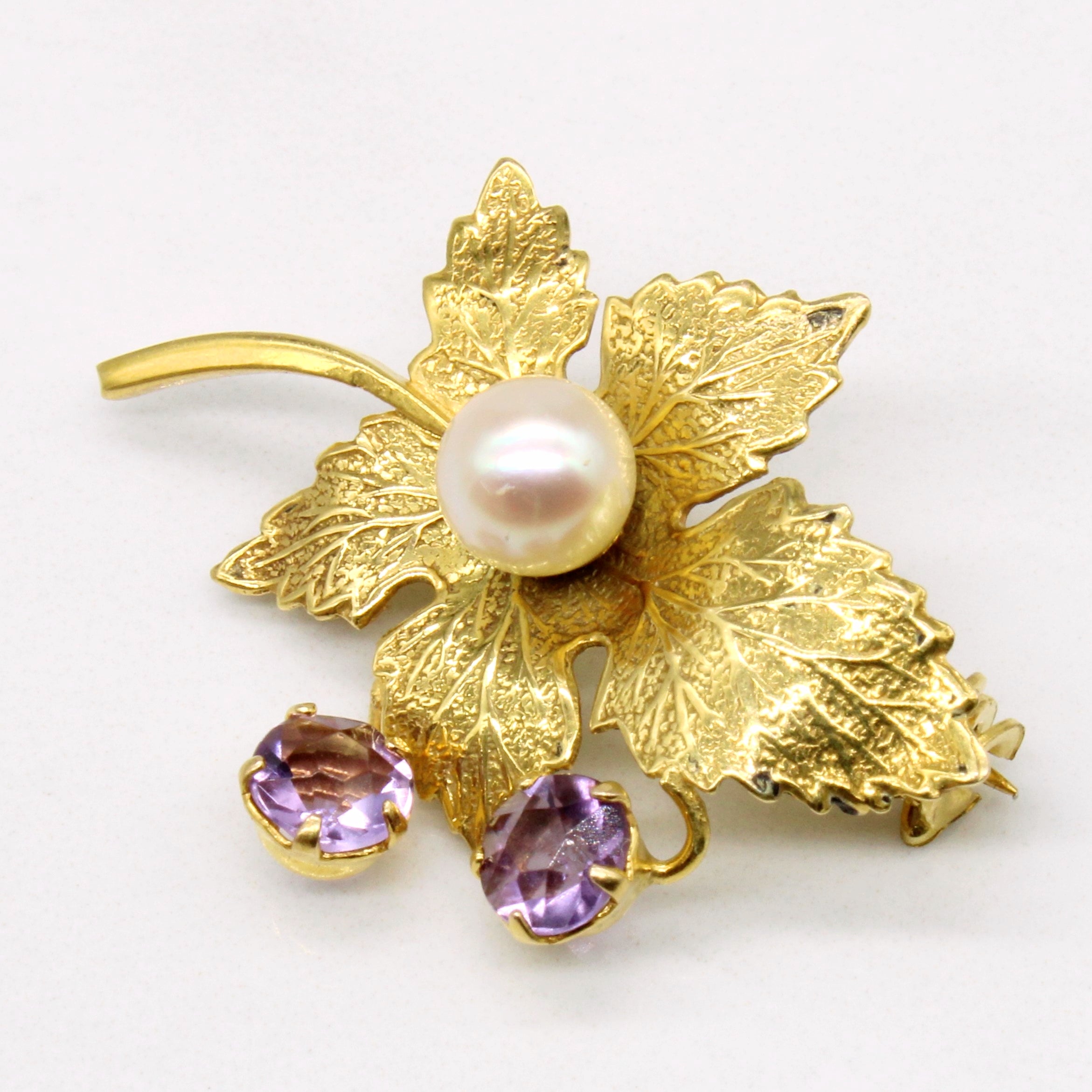 Vintage Edinburgh Hallmarked Pearl & Amethyst Leaf Brooch | 0.65ctw |
