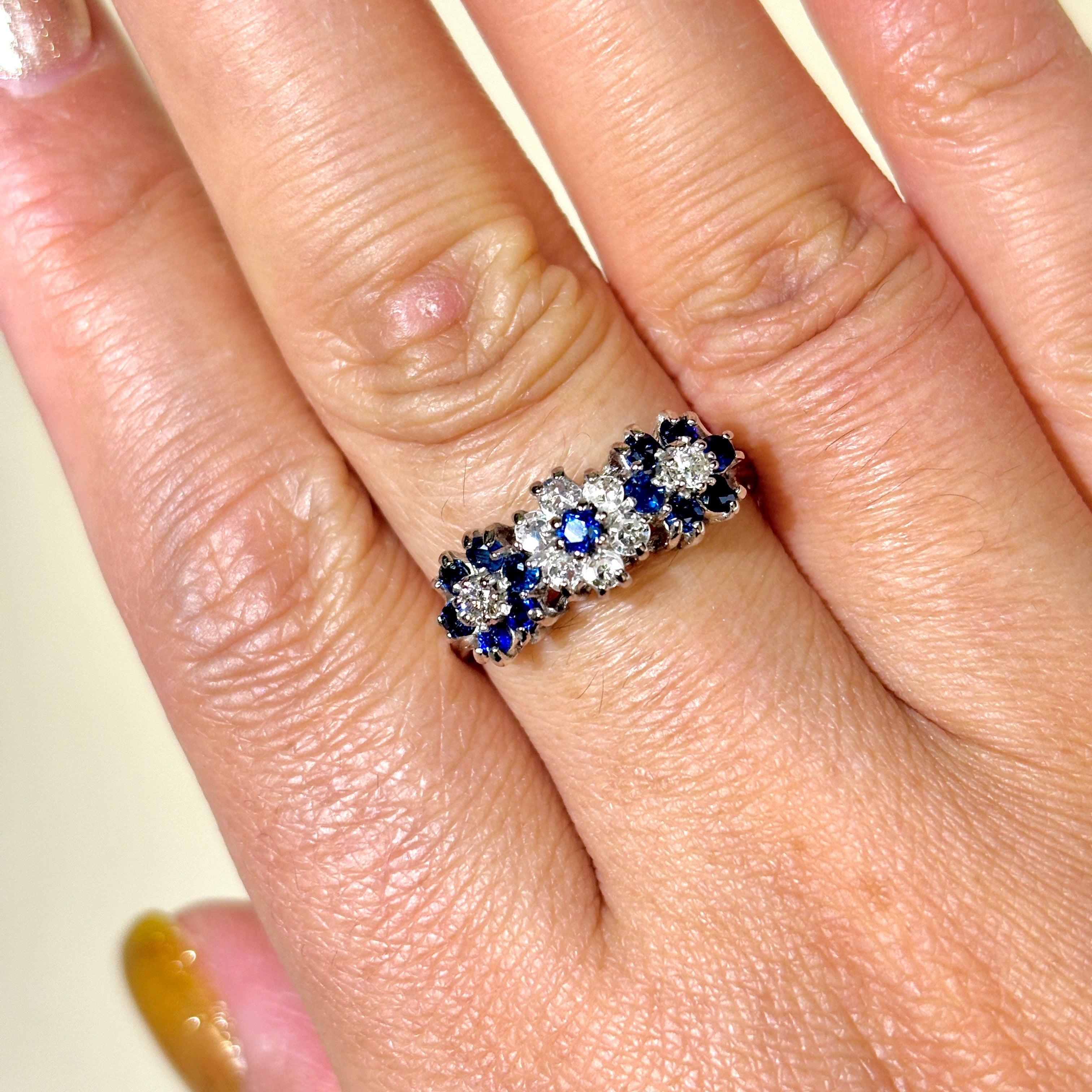 14k White Gold Sapphire & Diamond Floral Ring | 0.68ctw, 0.33ct | SZ 8