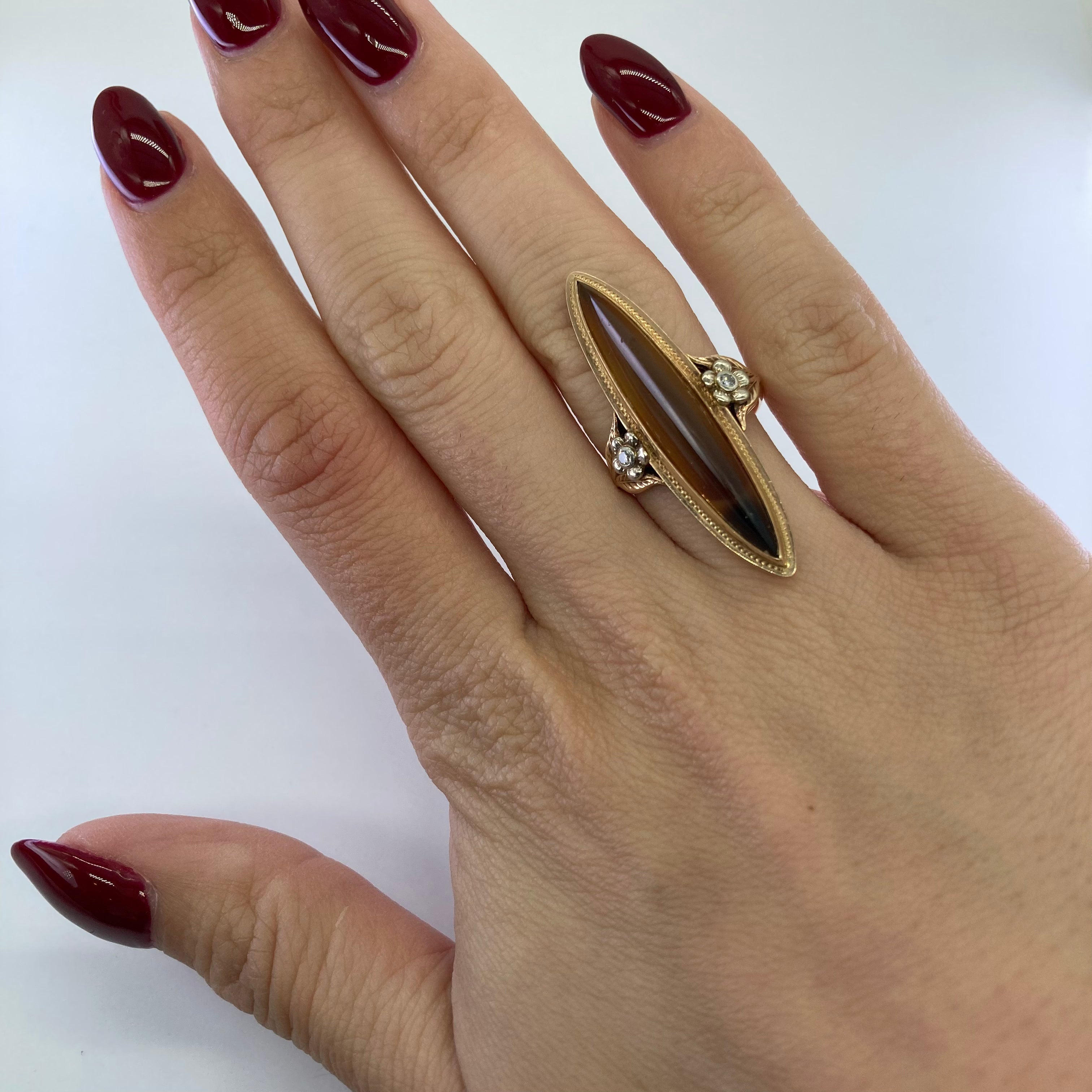 Agate & Diamond Navette Cocktail Ring | 7.50ct, 0.02ctw | SZ 5 |
