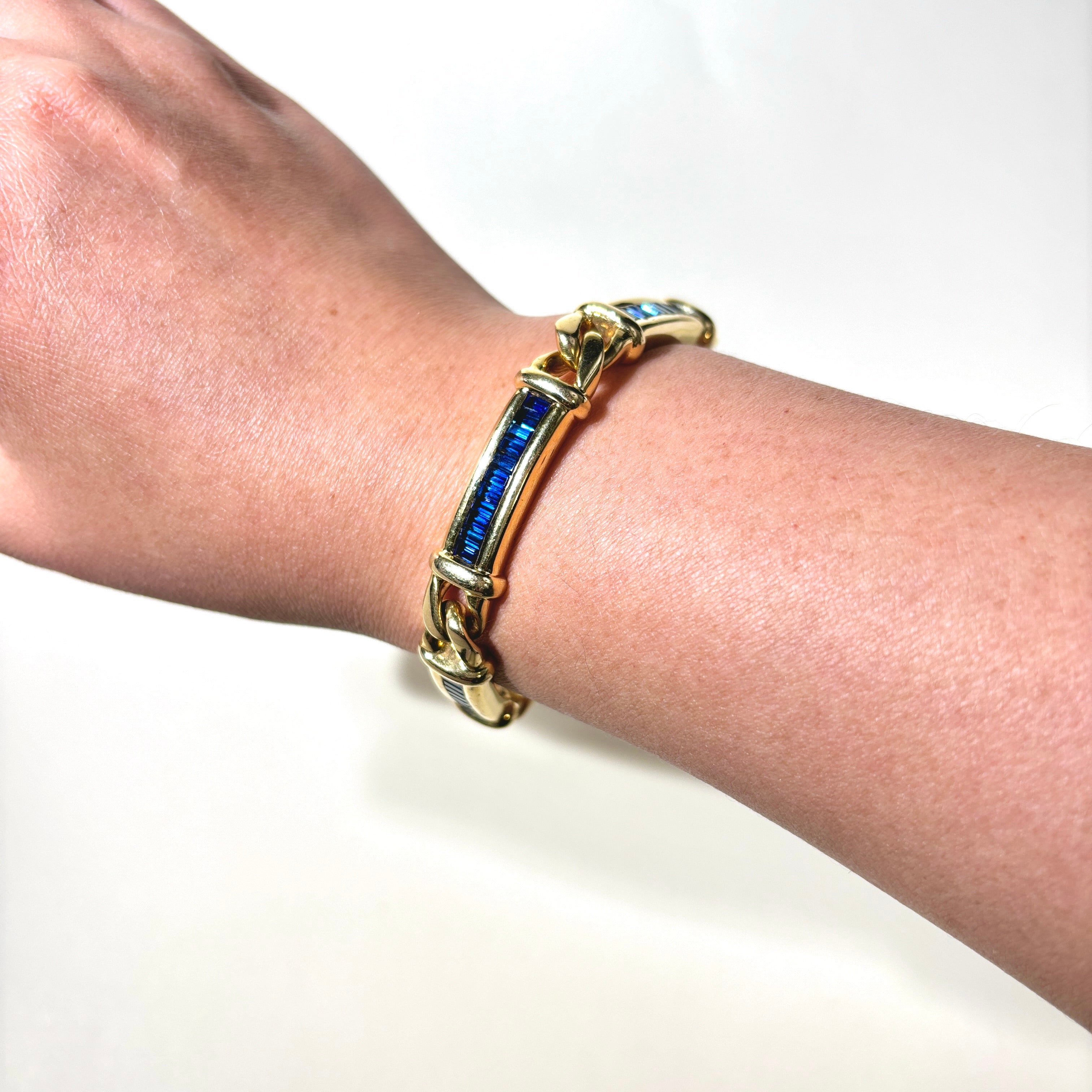 18K Yellow Gold Channel Set Baguette Cut Sapphire Link Bracelet | 2.50ctw | 7.5"
