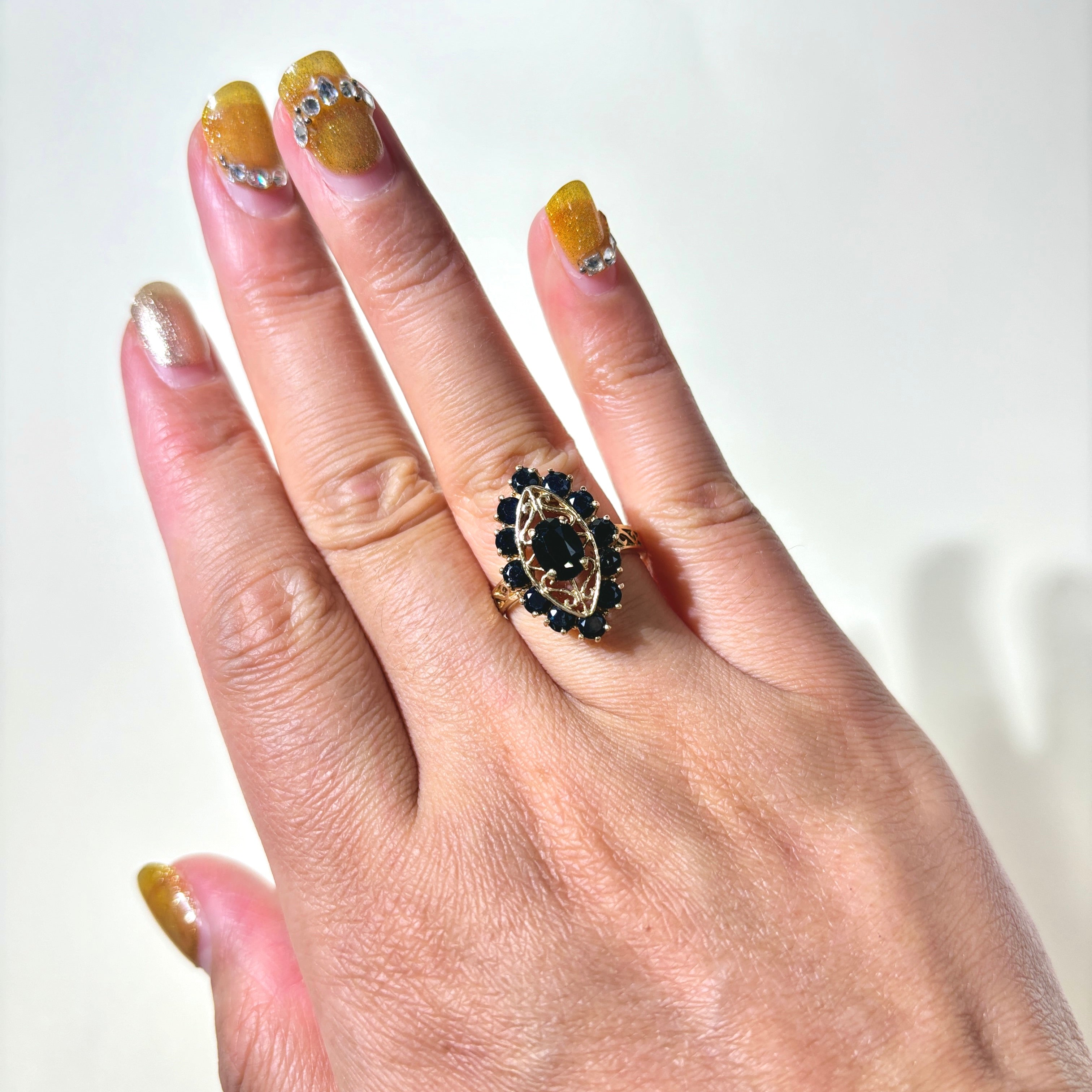 10K Yellow Gold Sapphire Ornate Navette Ring | 1.82ctw | SZ7
