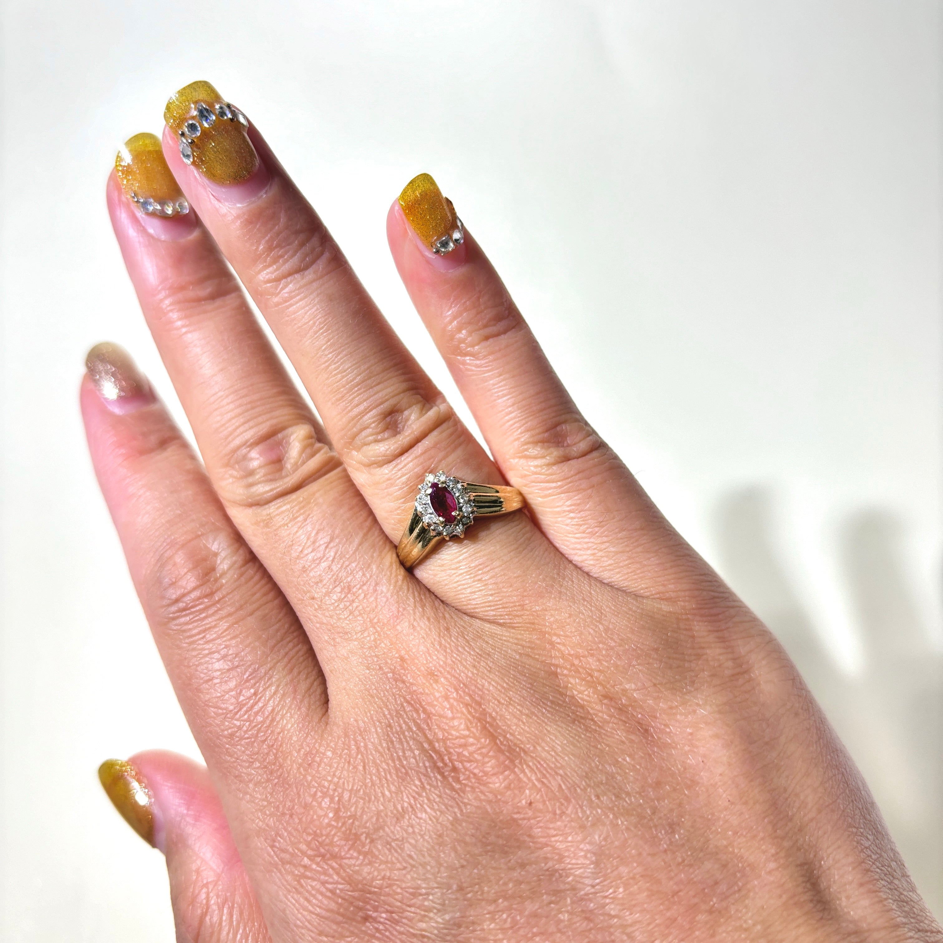 14K Synthetic Ruby & Diamond Grooved Chevron Ring | 0.10ct, 0.07ctw | SZ 6.25