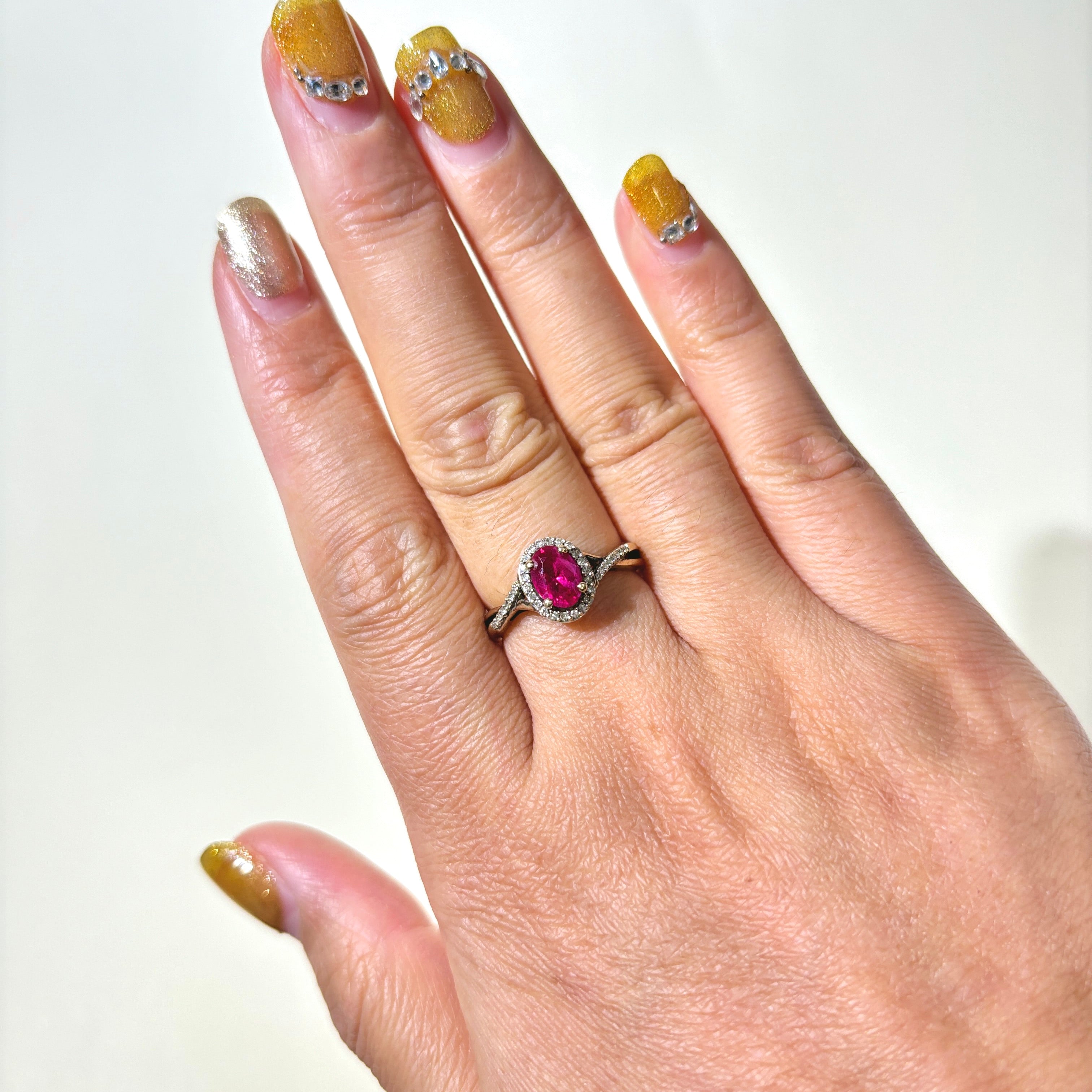 10K Synthetic Ruby & Diamond Halo Crossover Ring | 0.80ct, 0.19ctw | SZ 7
