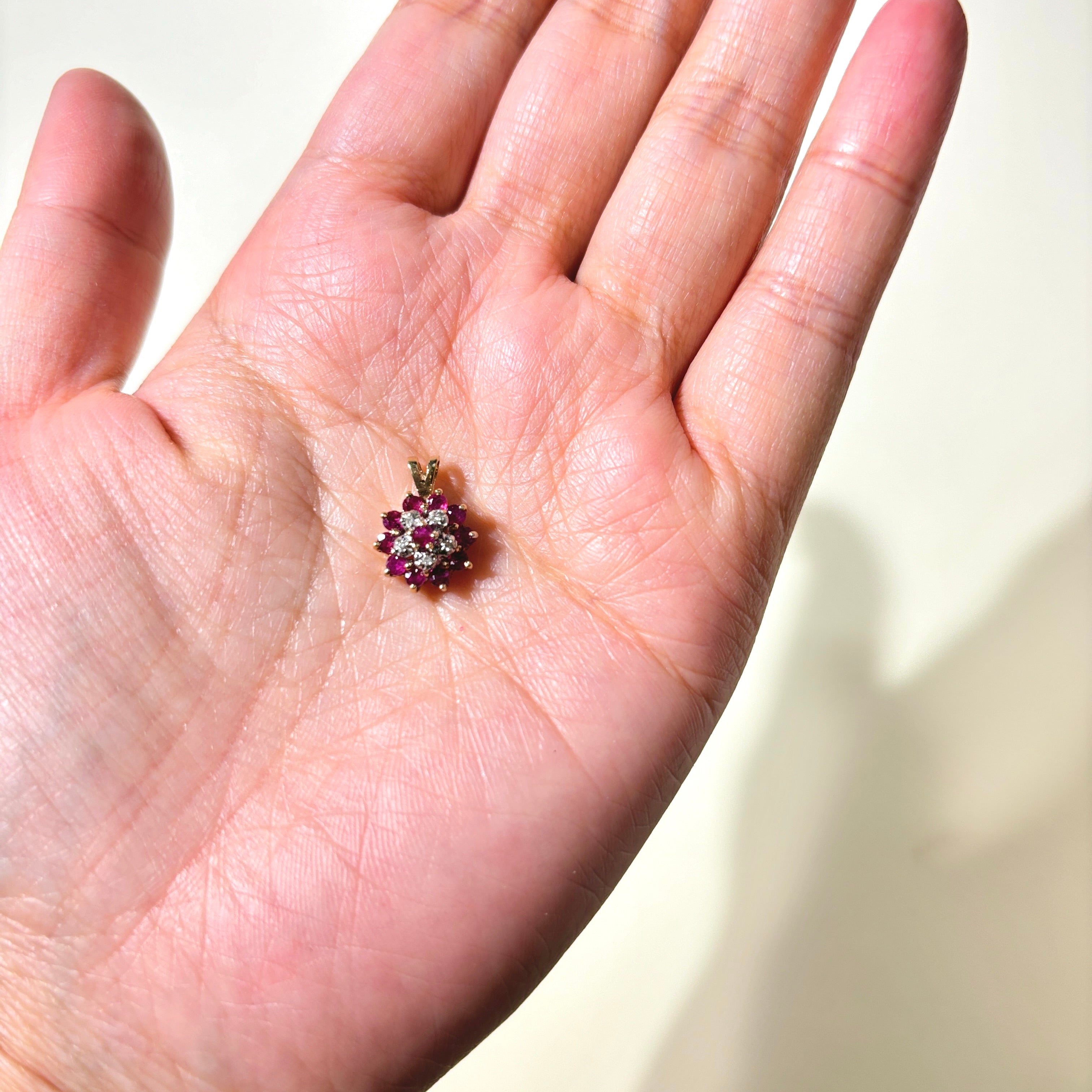 10K Synthetic Ruby & Diamond Cluster Petal Pendant | 0.40ctw, 0.04ctw