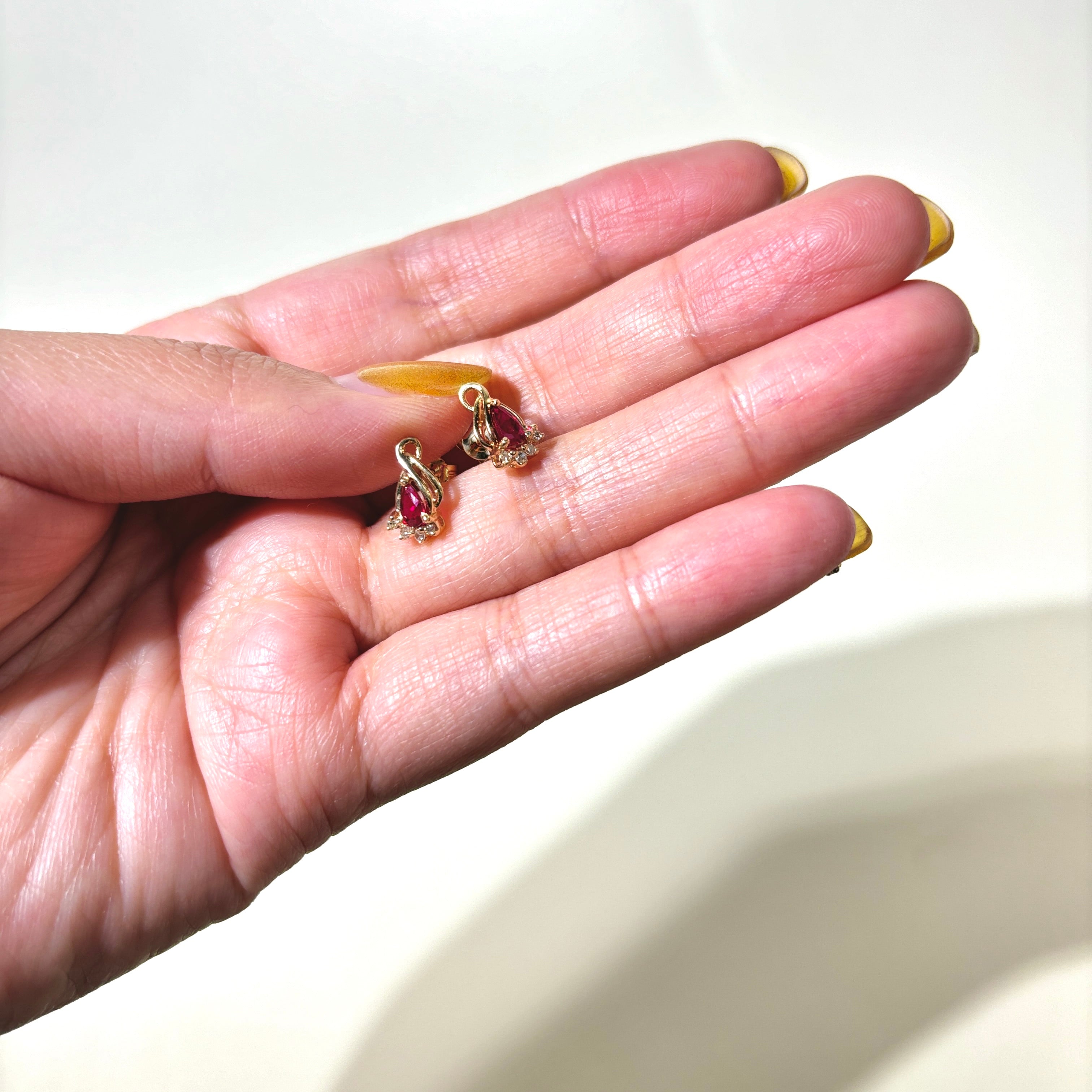 14K Pear Cut Synthetic Ruby & Diamond Stud Earrings | 0.40ctw, 0.04ctw