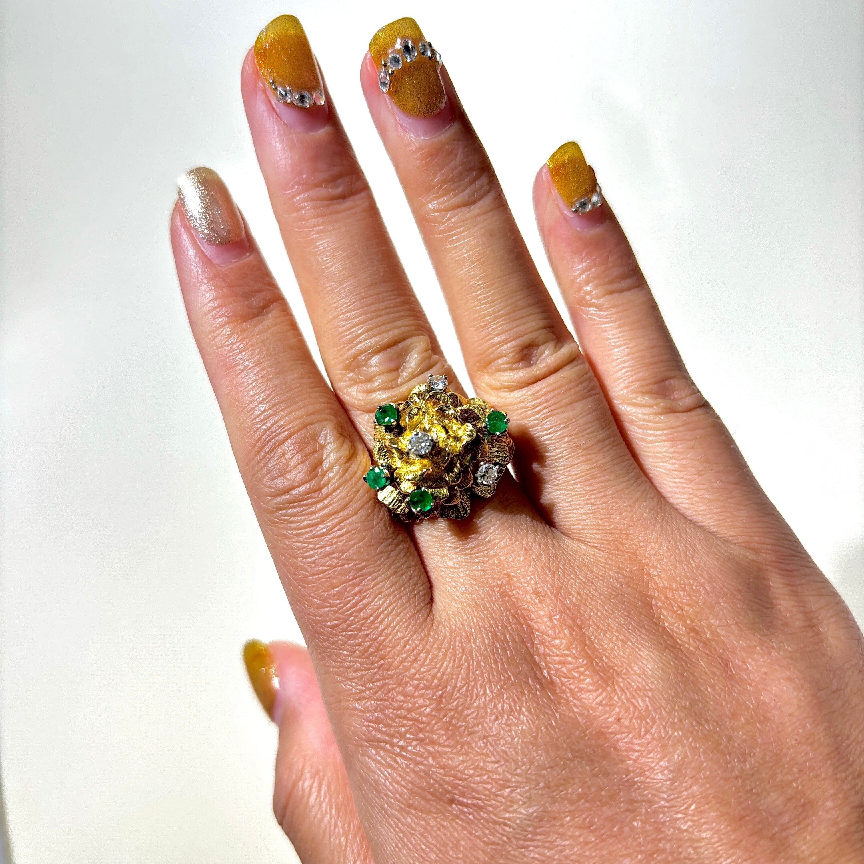 18K Emerald & Diamond Flower Dome Ring | 0.34ctw, 0.24ctw | 9