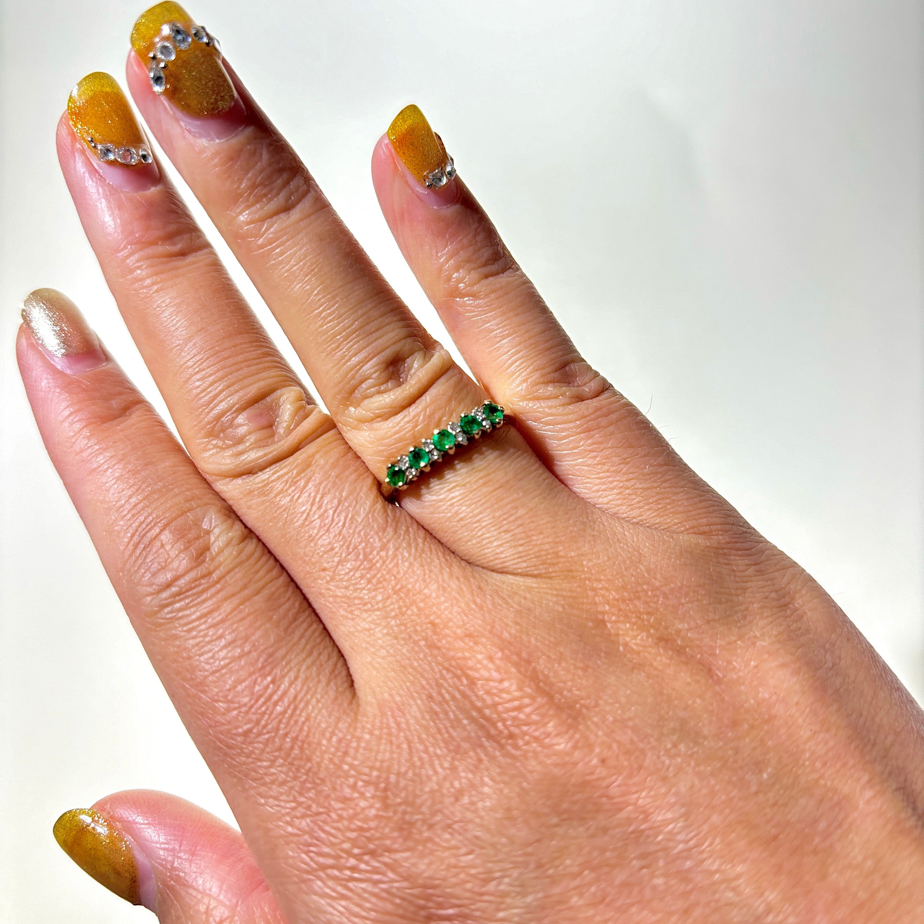 10k Five Stone Emerald & Diamond Ring | 0.175ctw, 0.042ctw | SZ 5.5