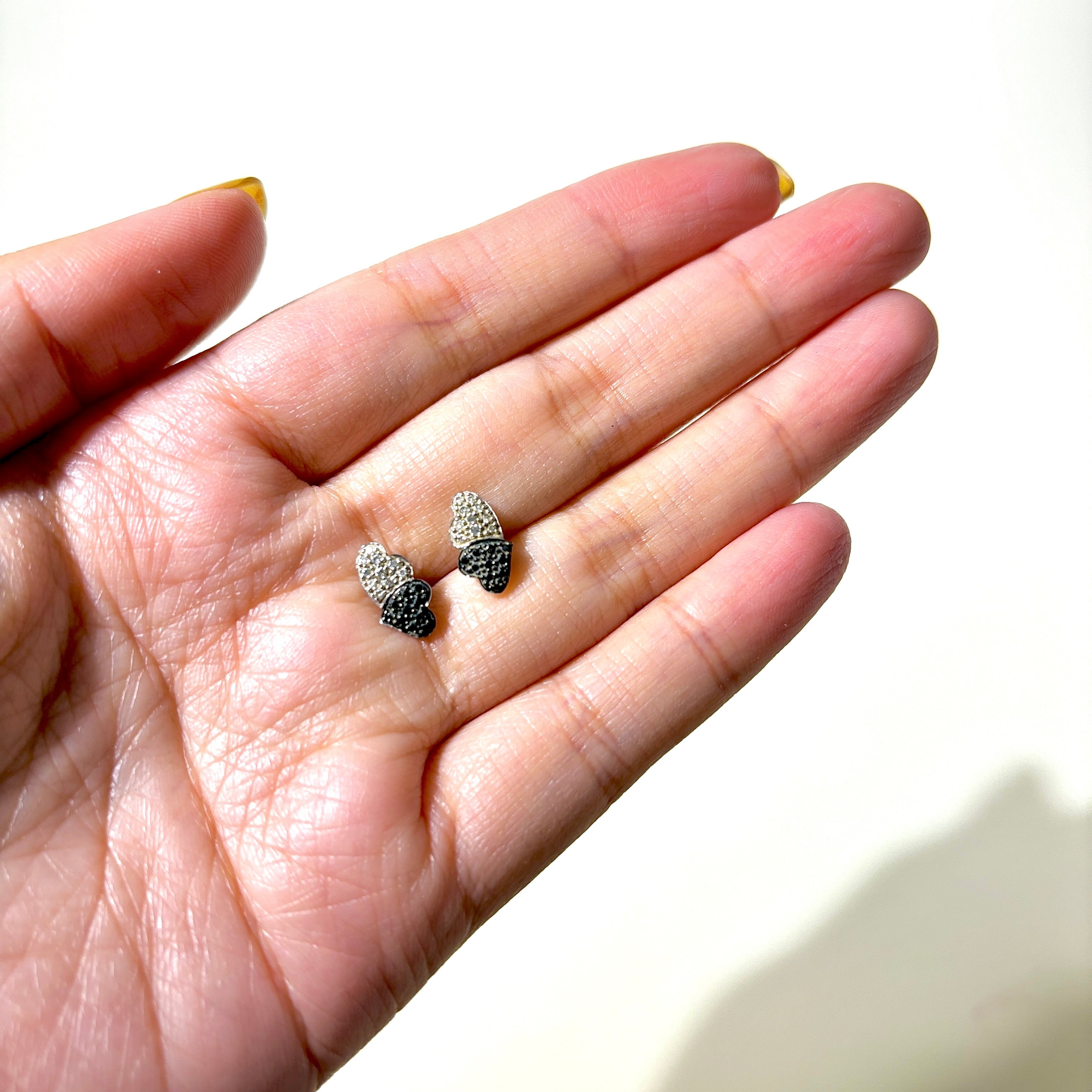 Black & White Diamond Double Heart Stud Earrings | 0.10ctw, 0.10ctw