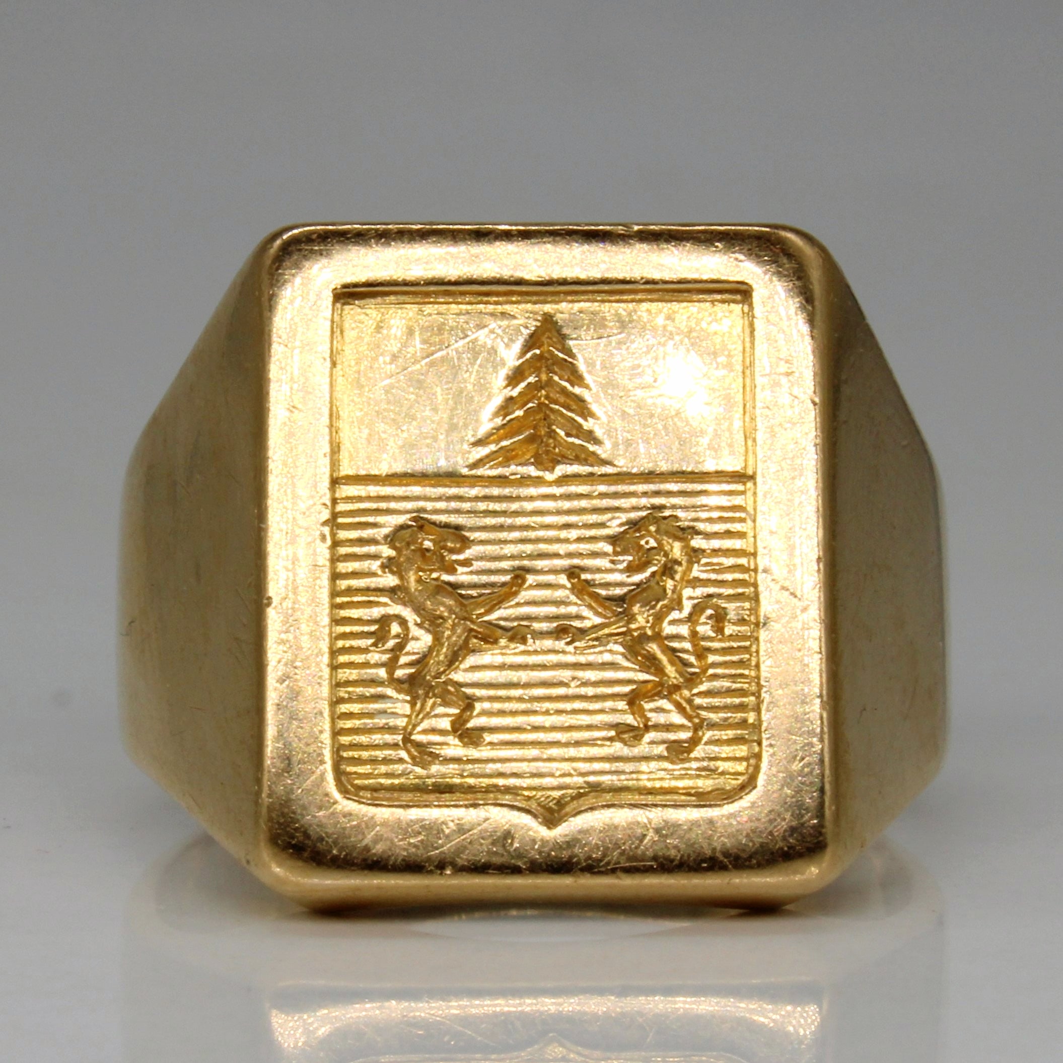 Bague chevalière en or jaune 18 carats avec blason familial | Taille 10 |