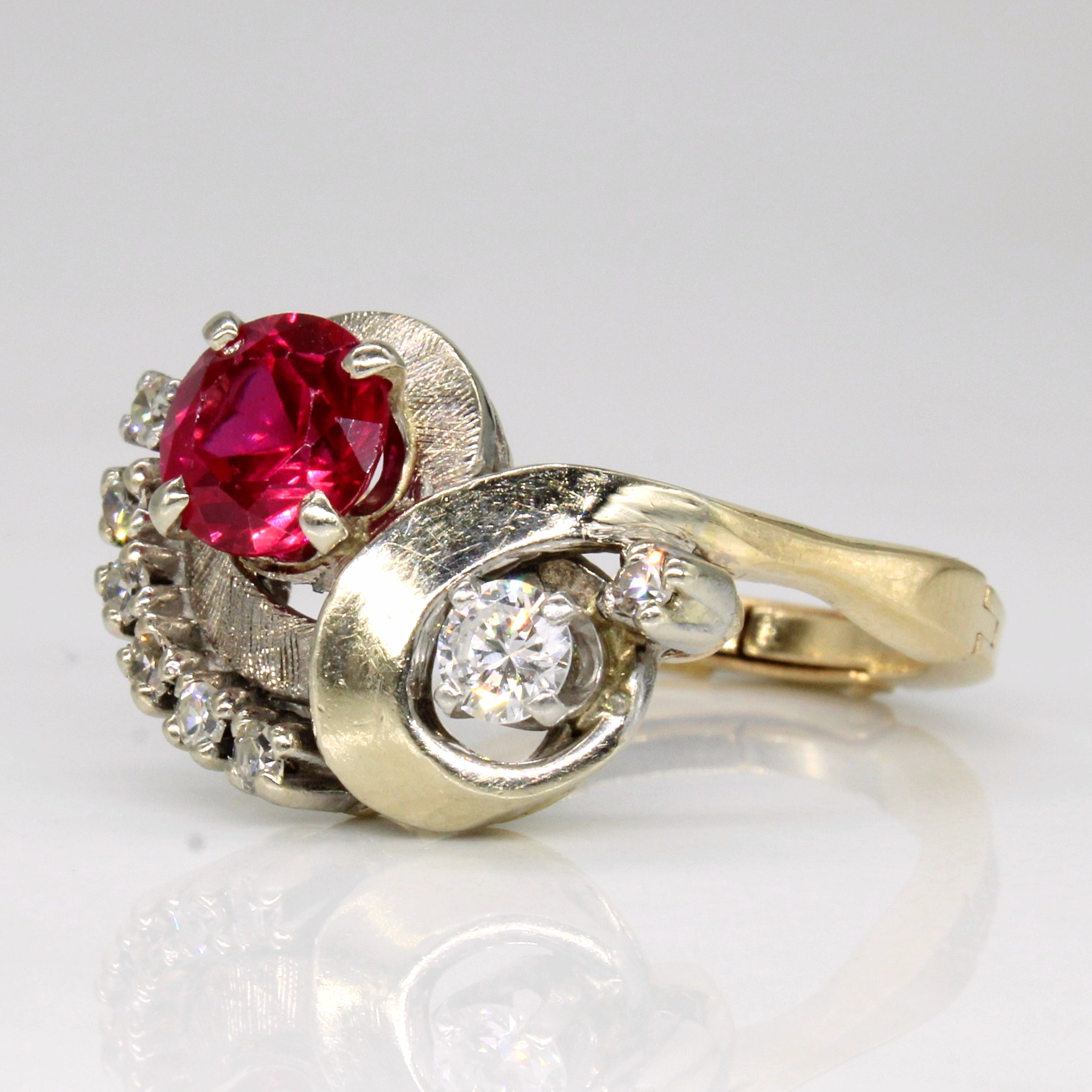 Synthetic Ruby & Diamond Hinge Opening 14k Ring | 1.12ct, 0.32ctw | SZ 7.25 |