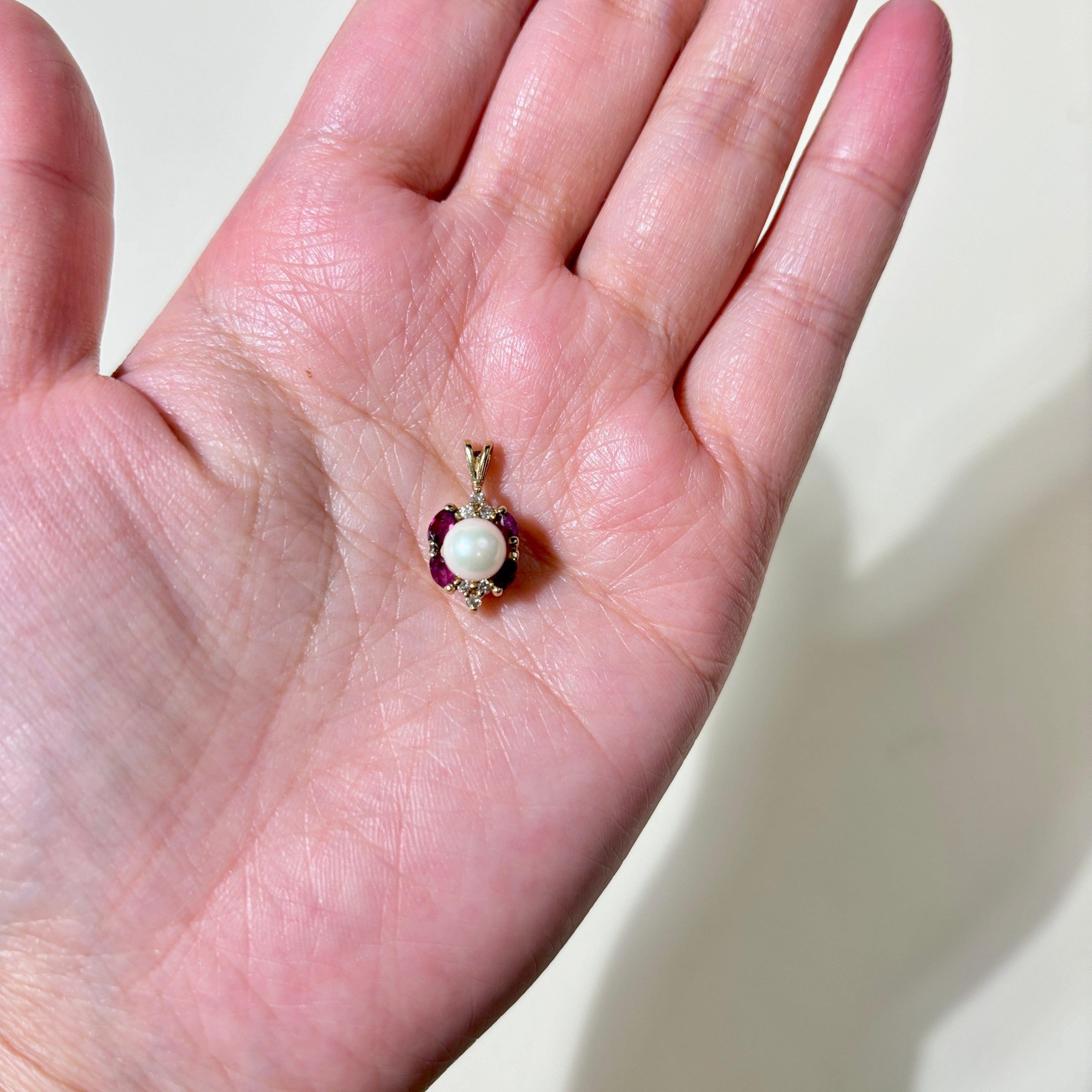 10K Yellow Gold Pearl, Red Spinel & Diamond Pendant | 6.57mm, 0.28ctw, 0.09ctw |