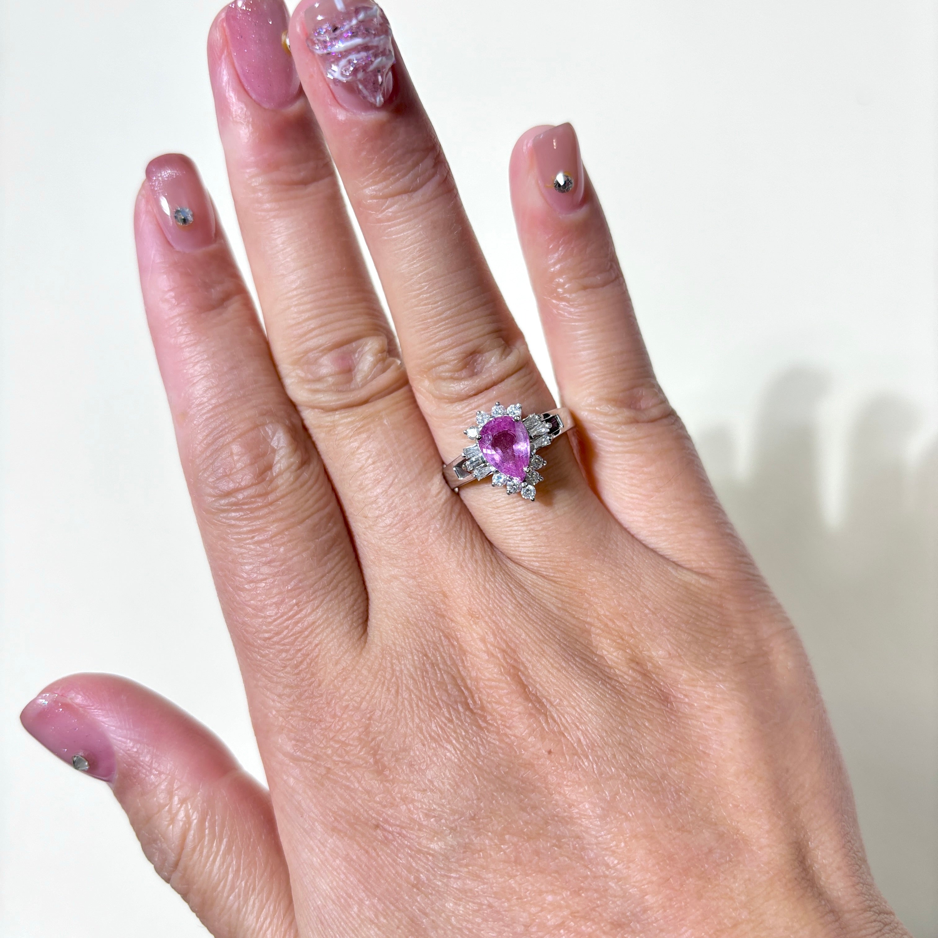14K White Gold Pear Cut Pink Sapphire Ring | 1.44ct, 0.39ctw | SZ 7 |