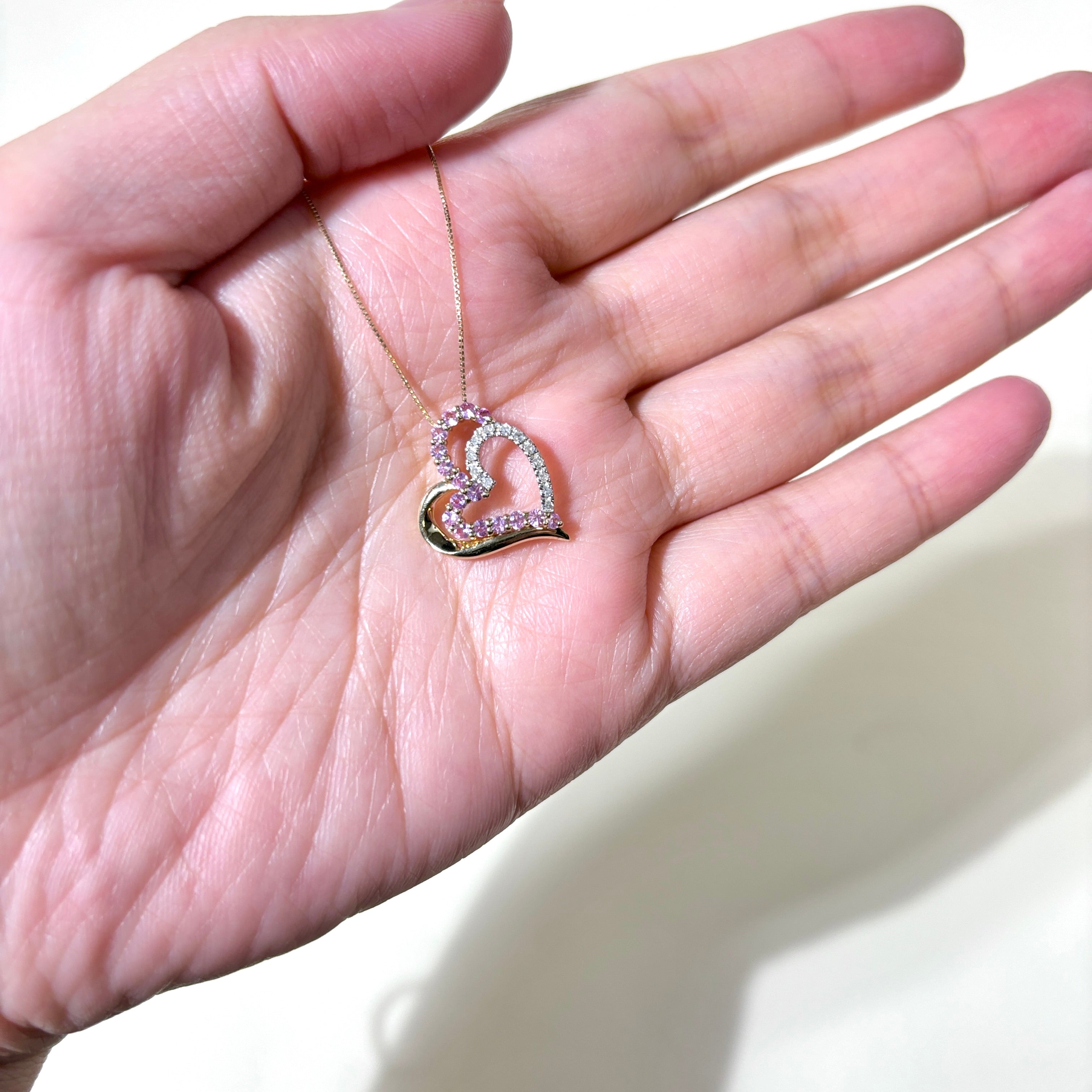 Collier pendentif cœur en or jaune 10 carats, topaze rose et diamants | 0,32 ct, 0,12 ct | 56 cm |