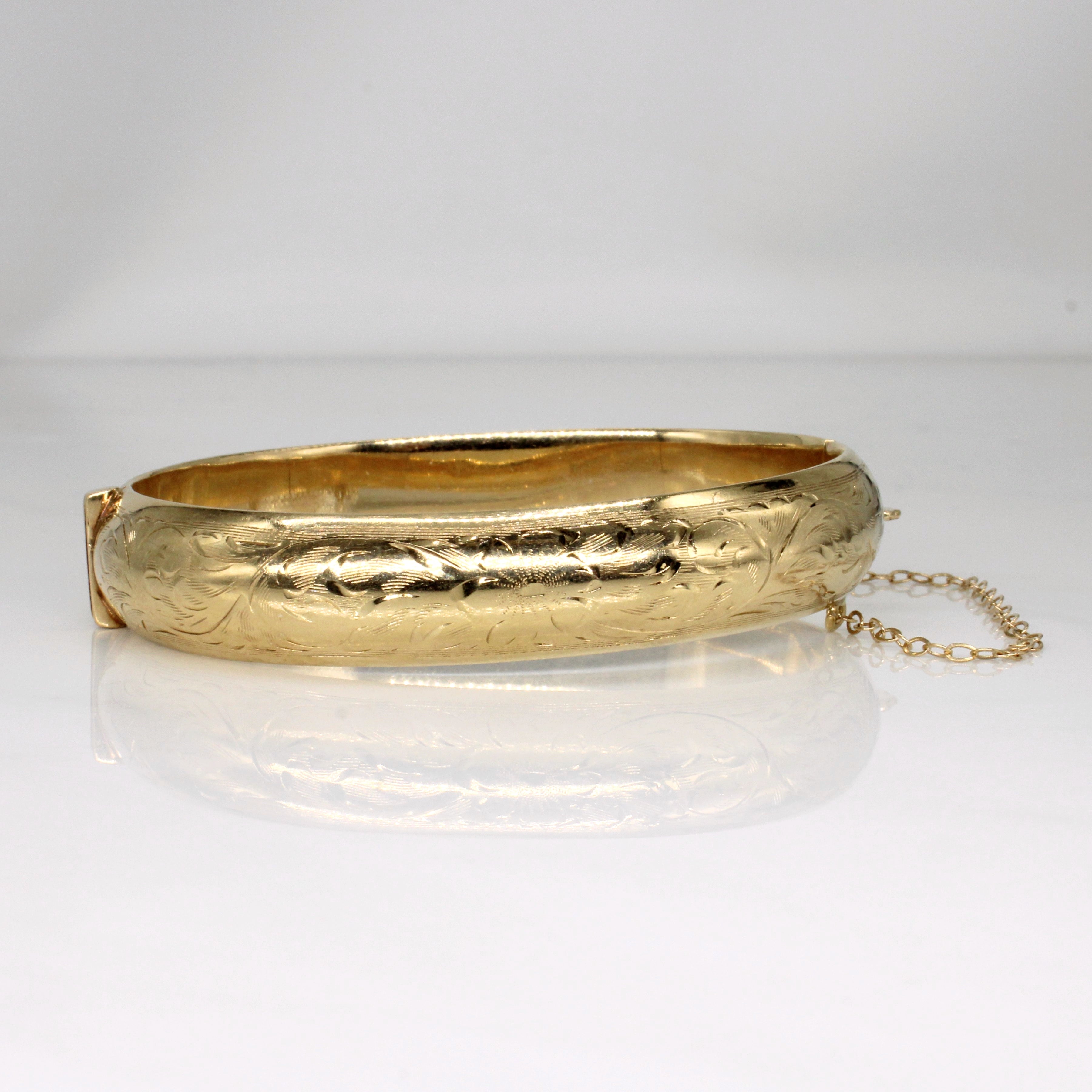 Bracelet jonc en or jaune 10 carats gravé d'une fleur | 7,5" |