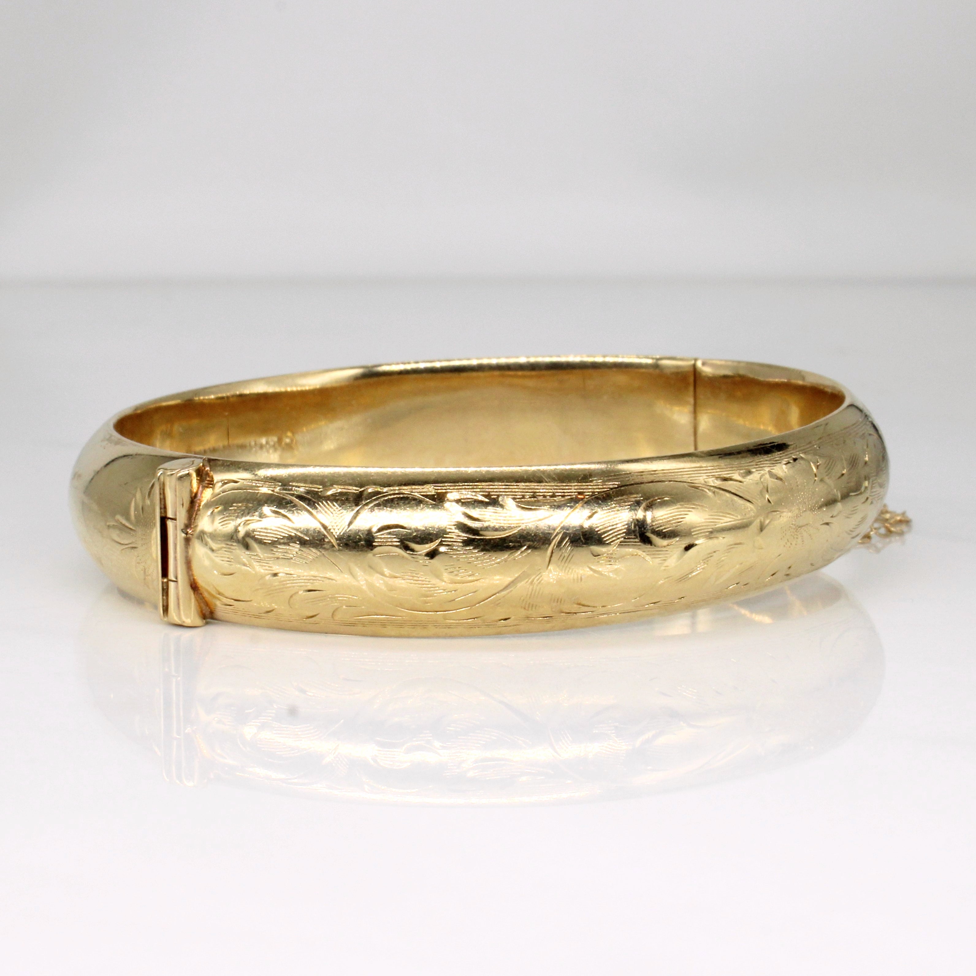 Bracelet jonc en or jaune 10 carats gravé d'une fleur | 7,5" |