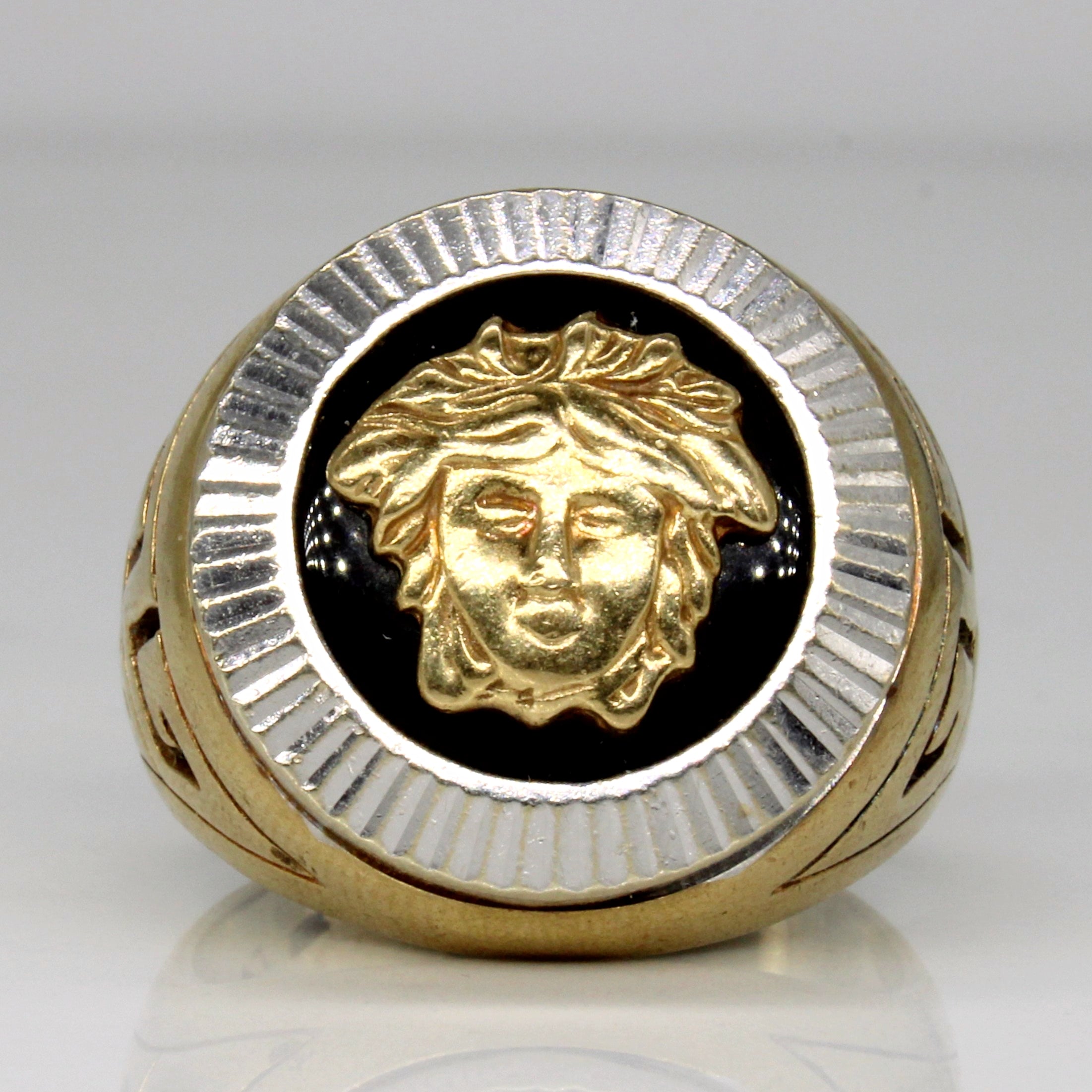 Two Tone 10k Gold and Onyx Medusa Head Signet Ring | SZ 10.75 |