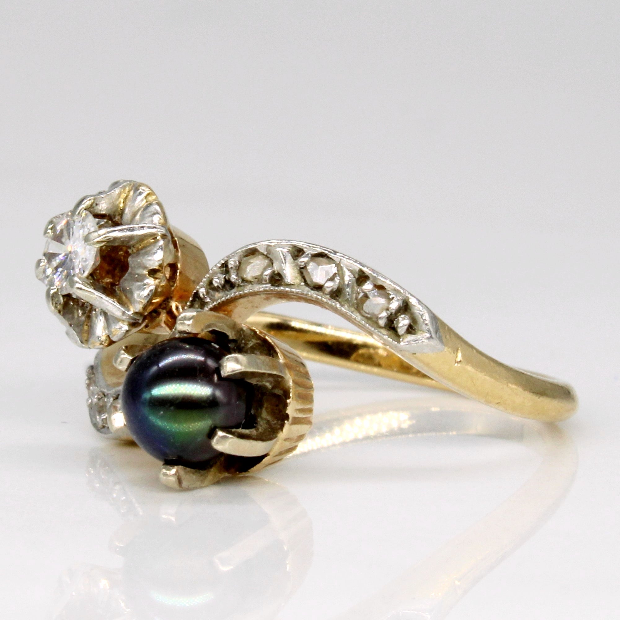 Black Pearl & Diamond Bypass Ring | 0.15ct, 0.03ctw | SZ 5.5 |