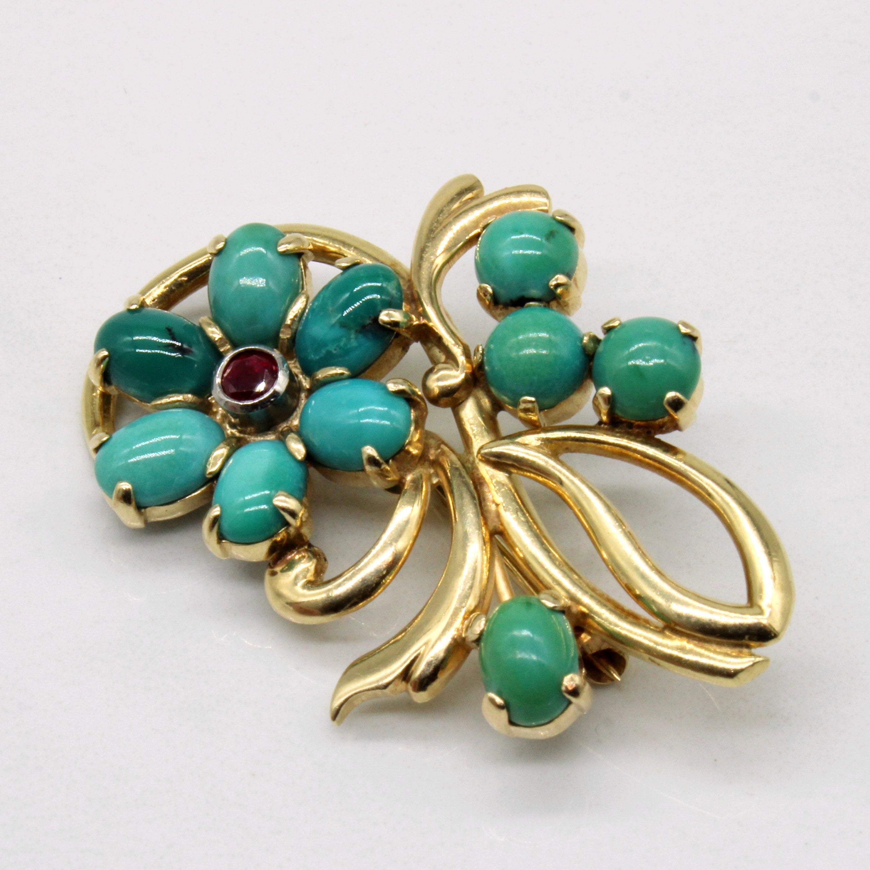 Turquoise & Ruby Floral Brooch | 5.50ctw, 0.20ct |
