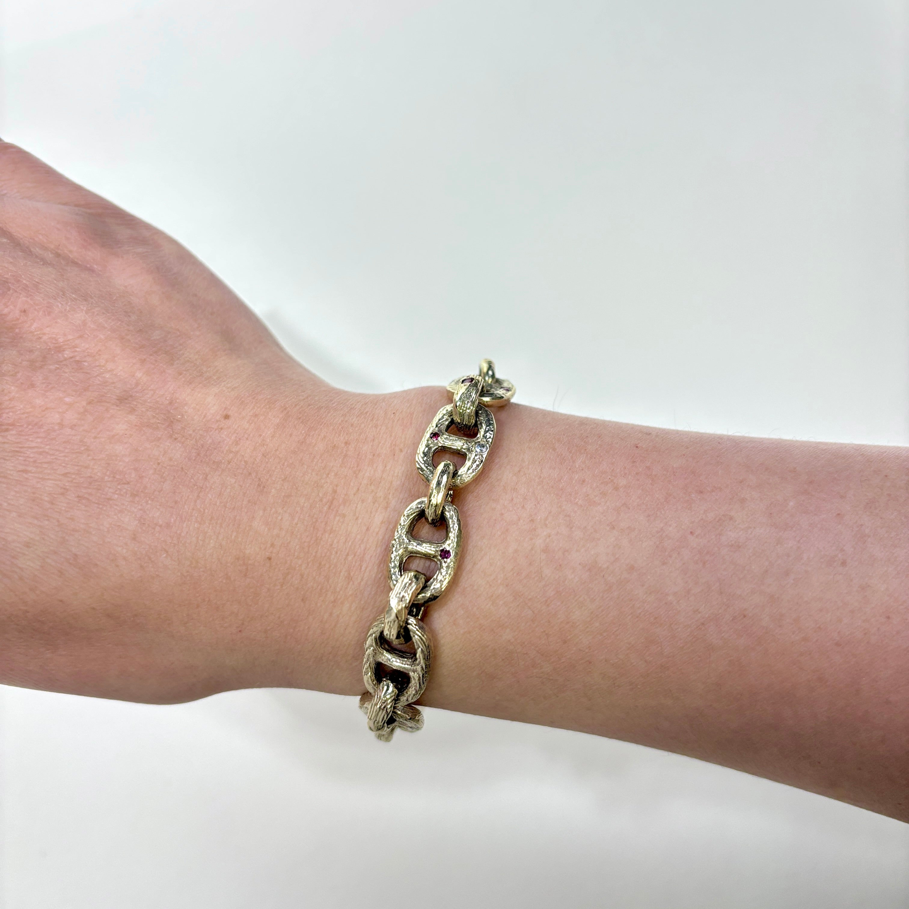 14K Yellow Gold Ruby & Diamond Anchor Chain Bracelet | 0.11ctw, 0.97ctw | 9.5" |