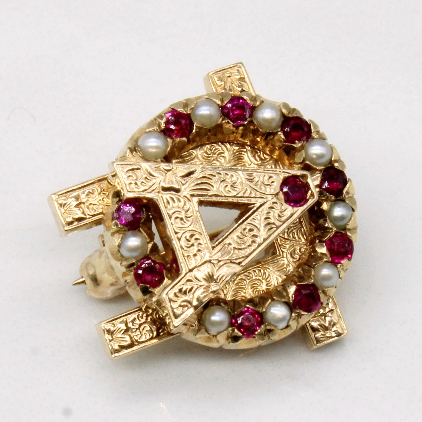 Synthetic Ruby & Pearl 'A' Pin | 0.25ctw |