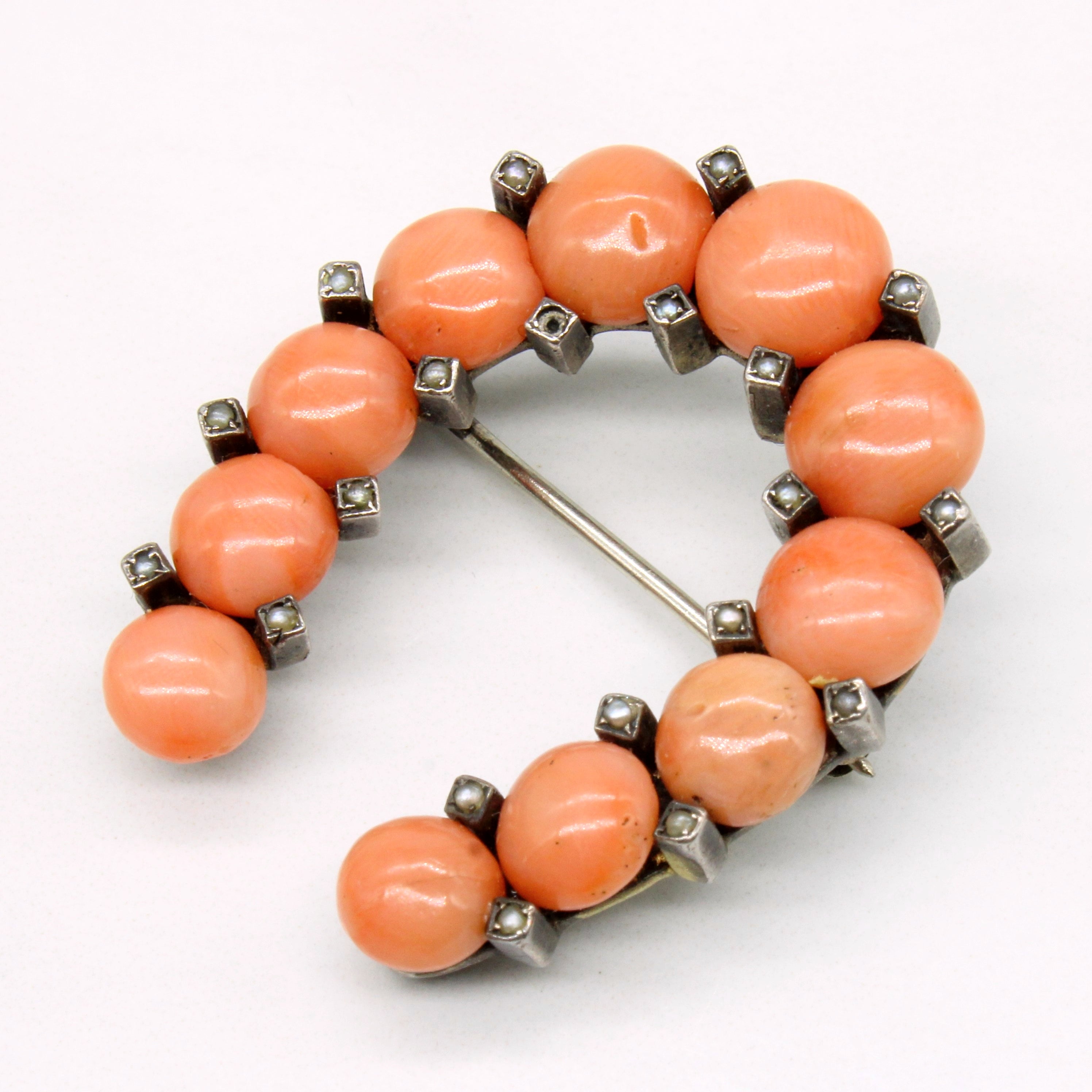 Victorian Era Coral & Seed Pearl Horseshoe Brooch | 11.50ctw |