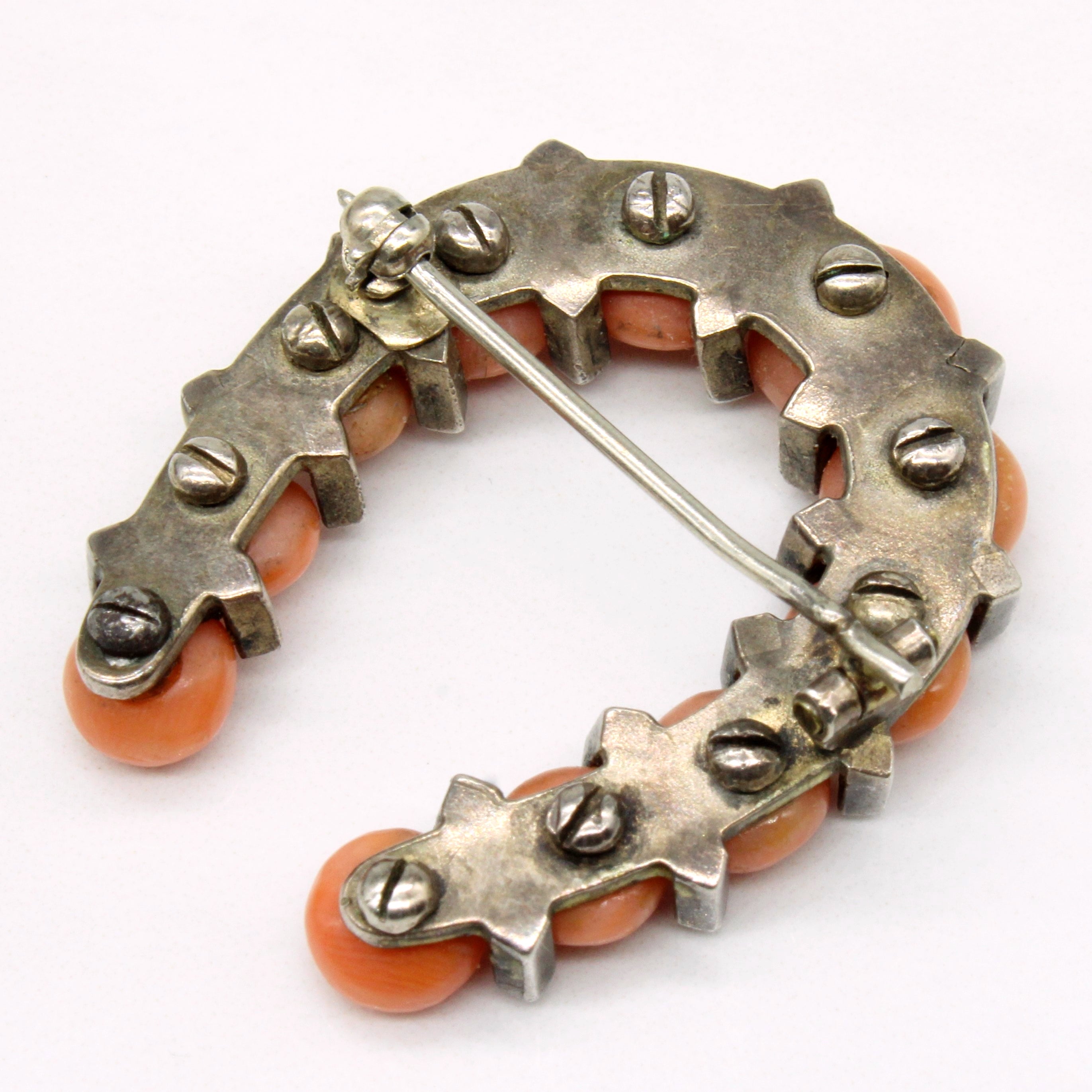 Victorian Era Coral & Seed Pearl Horseshoe Brooch | 11.50ctw |
