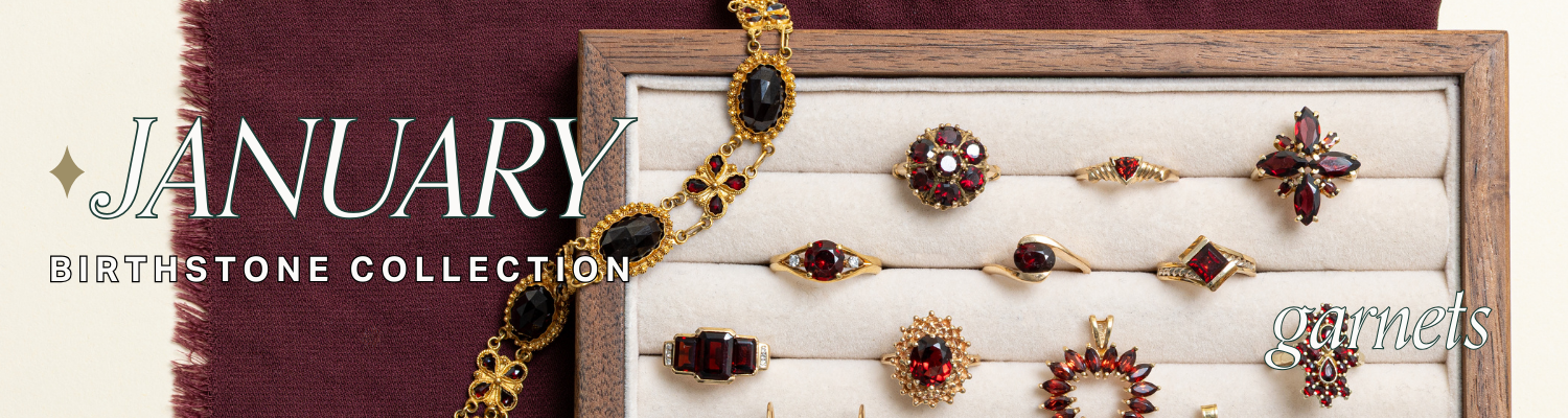 January garnet birthstone jewellery featuring vintage and preloved gold rings, earrings, and bracelet. Text reads: January birthstone collection, garnets.