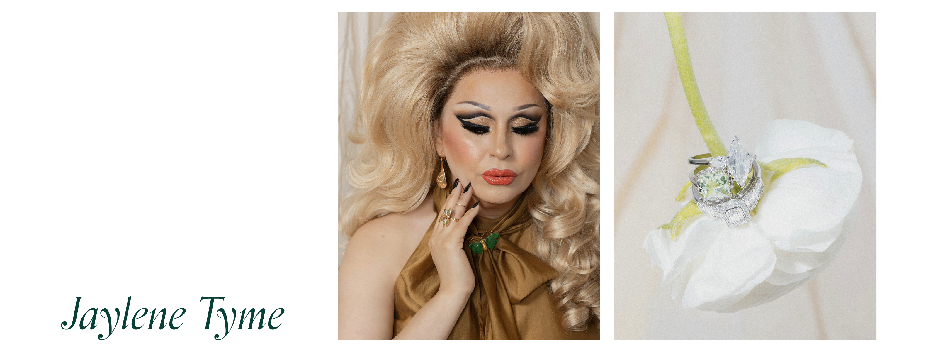 Jaylene Tyme wearing glamorous bold makeup and gold gown, showcasing unique preloved ring, earrings and jade/gold butterfly brooch from a one-of-a-kind Vancouver Pride jewelry collection. Close-up of diamond rings styled on a white flower. Celebrate diversity with sustainable, vintage fine jewelry.