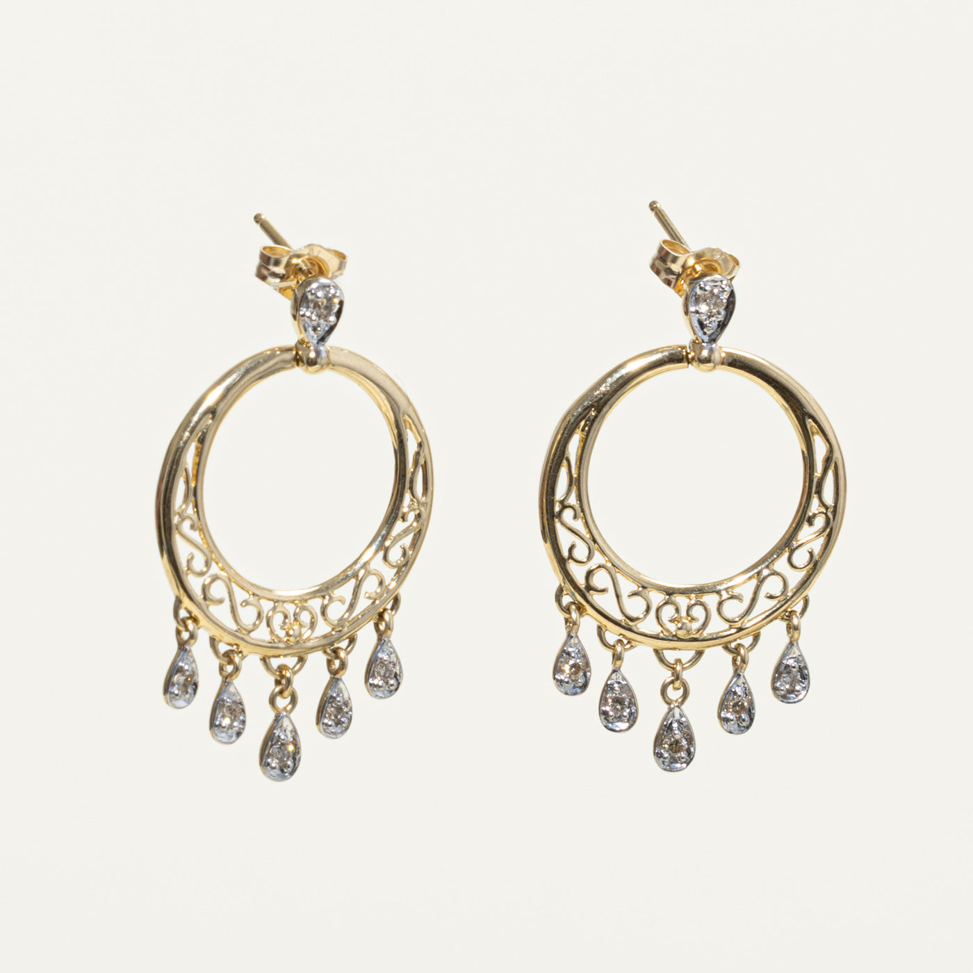 14k Diamond Filigree Circluar Drop Earrings | 0.14ctw