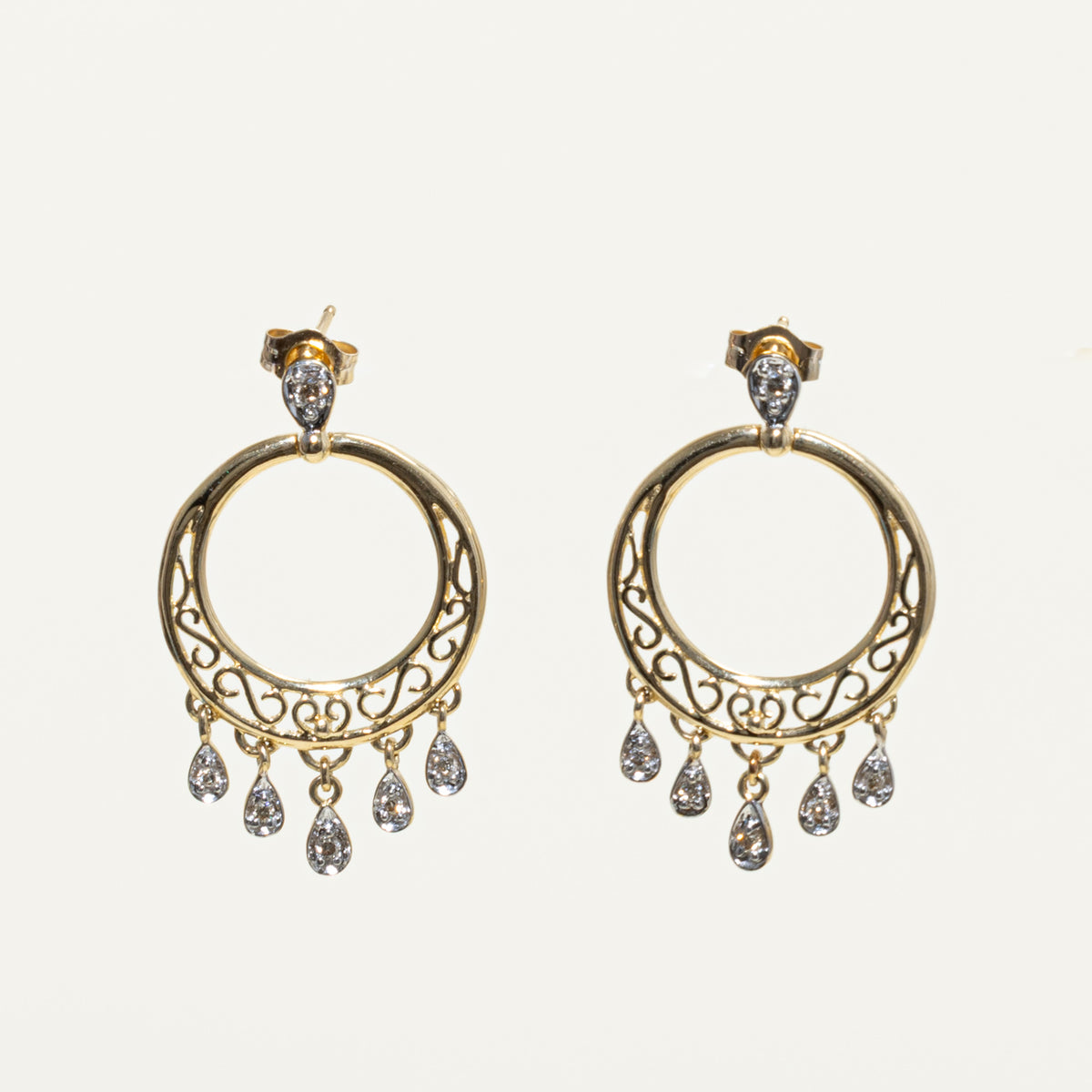 14k Diamond Filigree Circular Drop Earrings | 0.14ctw