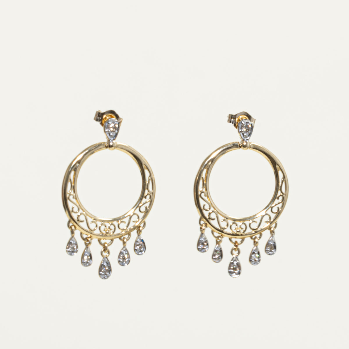 14k Diamond Filigree Circular Drop Earrings | 0.14ctw