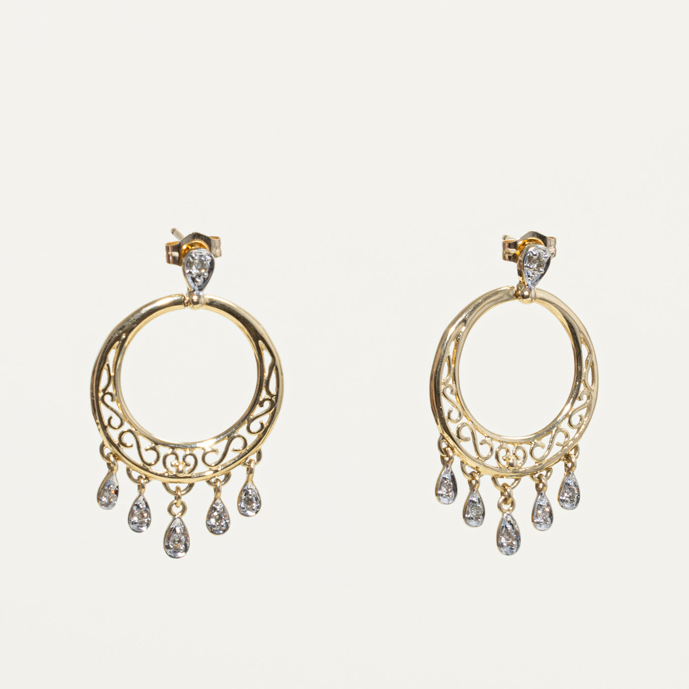 14k Diamond Filigree Circular Drop Earrings | 0.14ctw