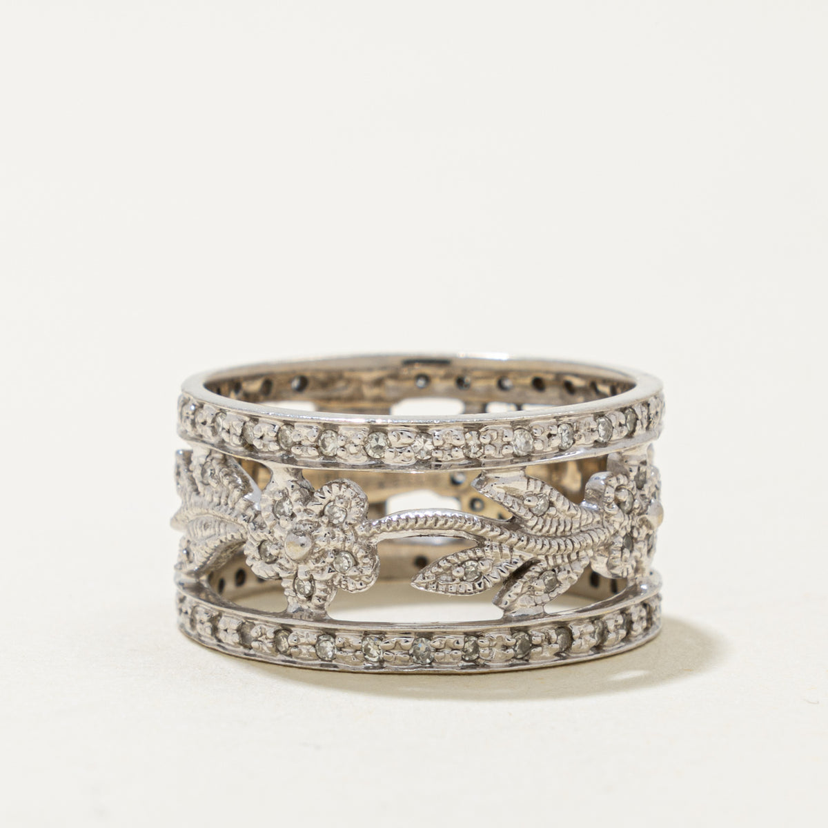 14k Eternity Diamond Milgrain Floral Patterned Band | 0.13ct | 10.5mm | SZ 7.5